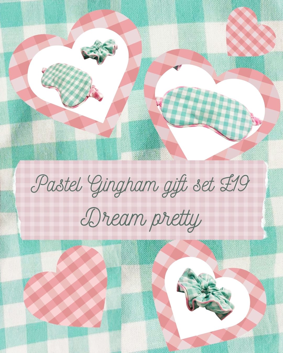 Mint Green & Pink Gingham Lavender Eye Mask and Scrunchie Gift Set