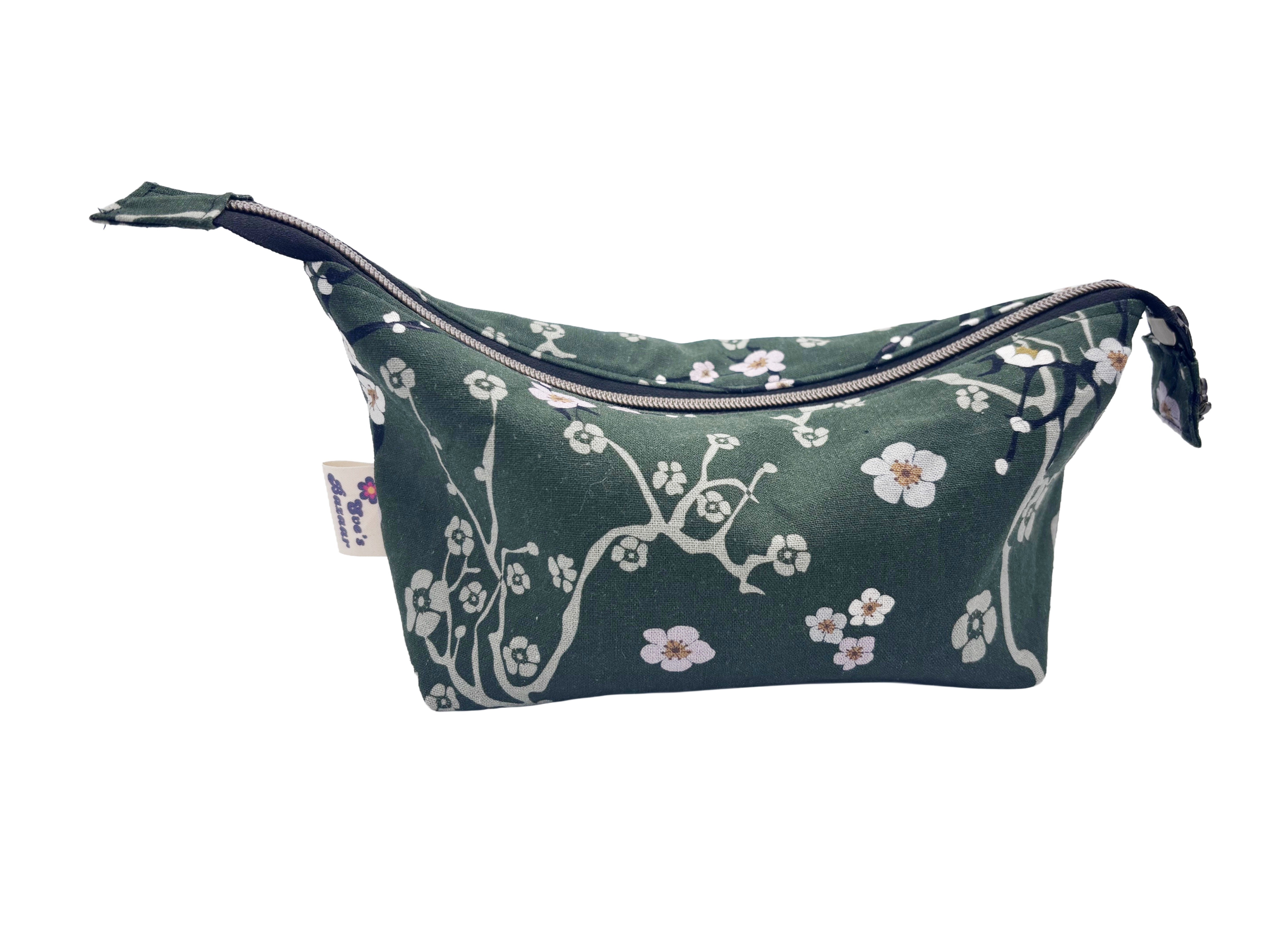 Handmade Green Linen Wash Bag – Satin Lined Cosmetic Pouch – Eastern Escape Collection