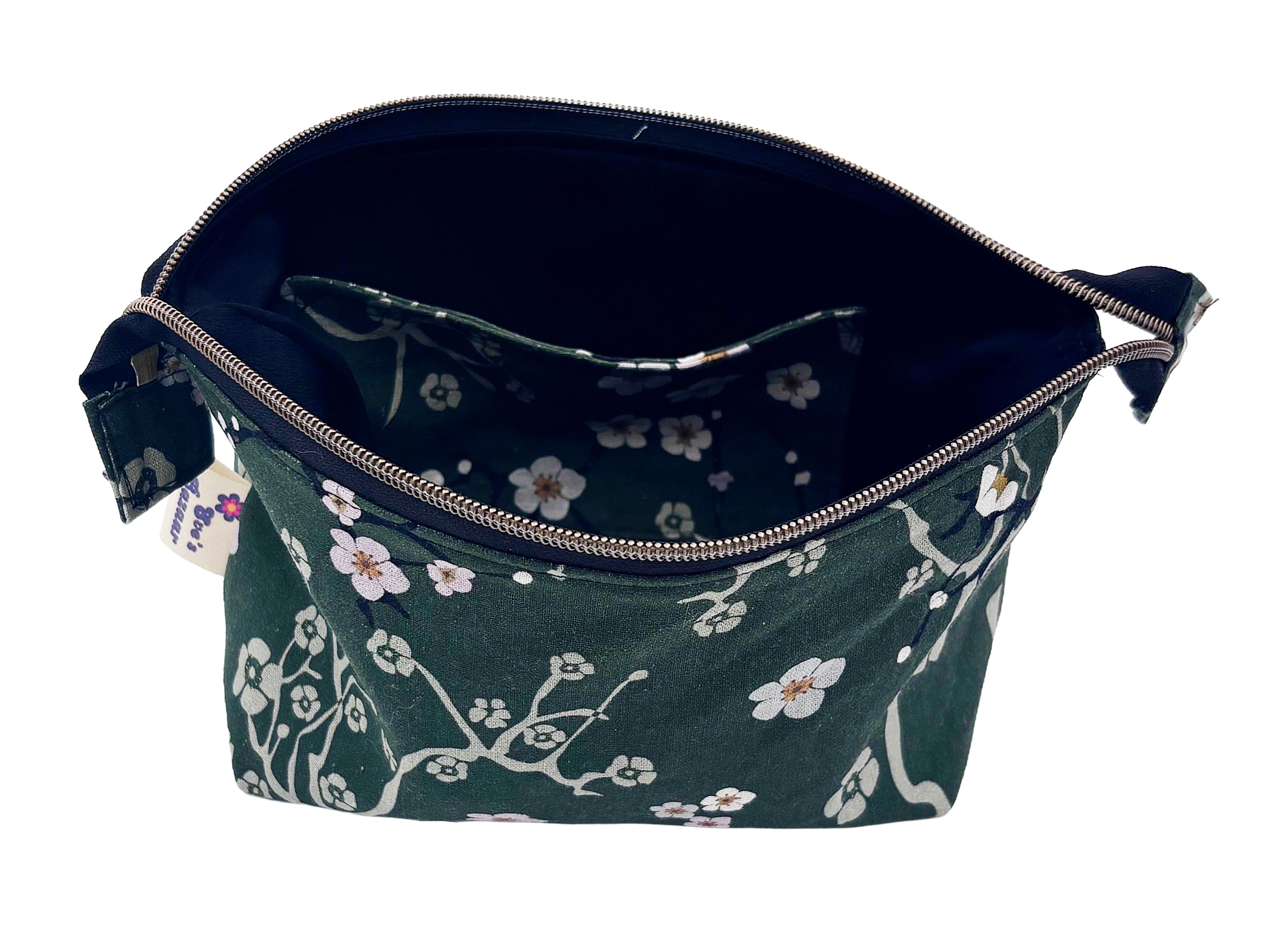 Handmade Green Linen Wash Bag – Satin Lined Cosmetic Pouch – Eastern Escape Collection