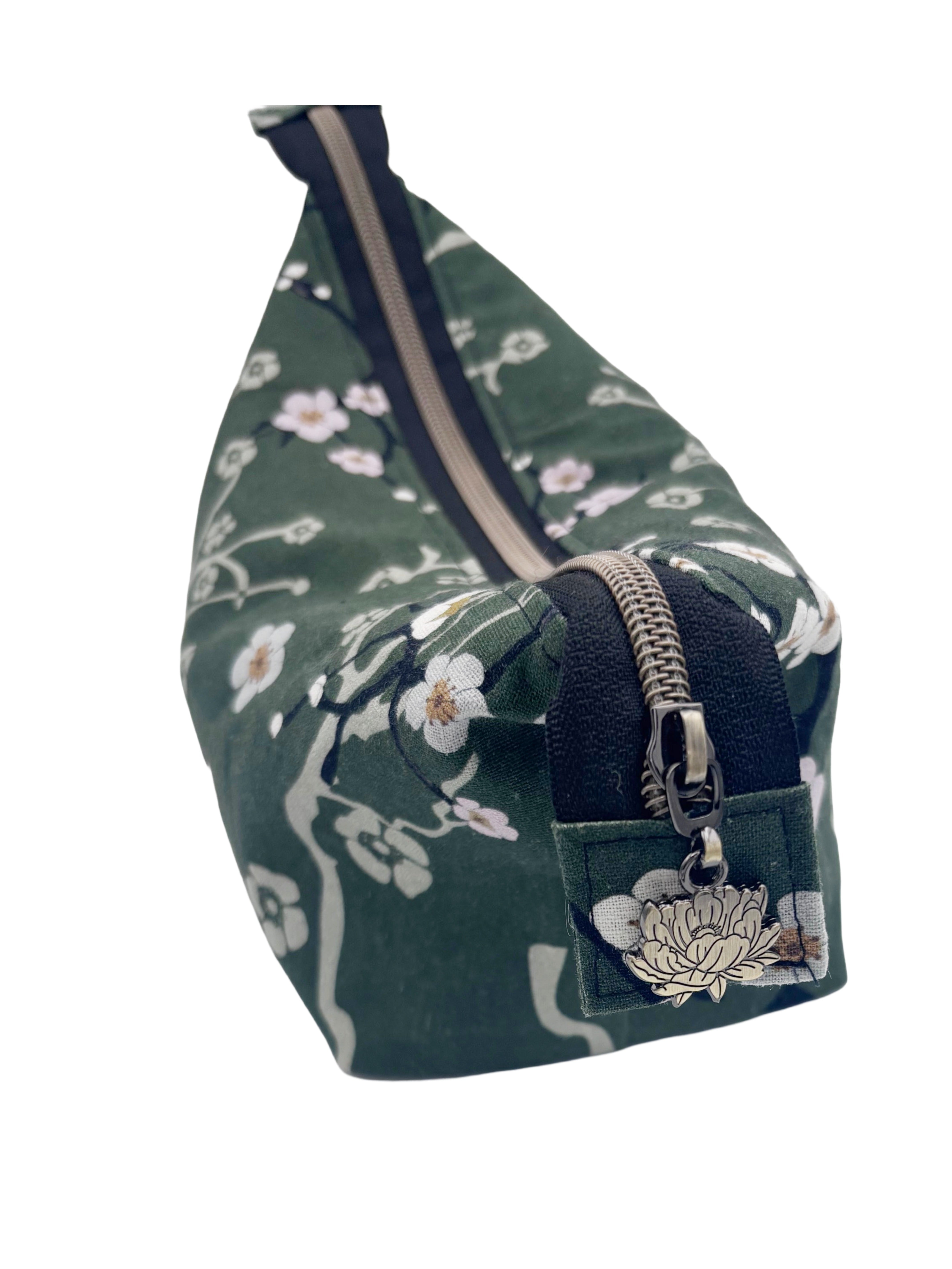 Handmade Green Linen Wash Bag – Satin Lined Cosmetic Pouch – Eastern Escape Collection