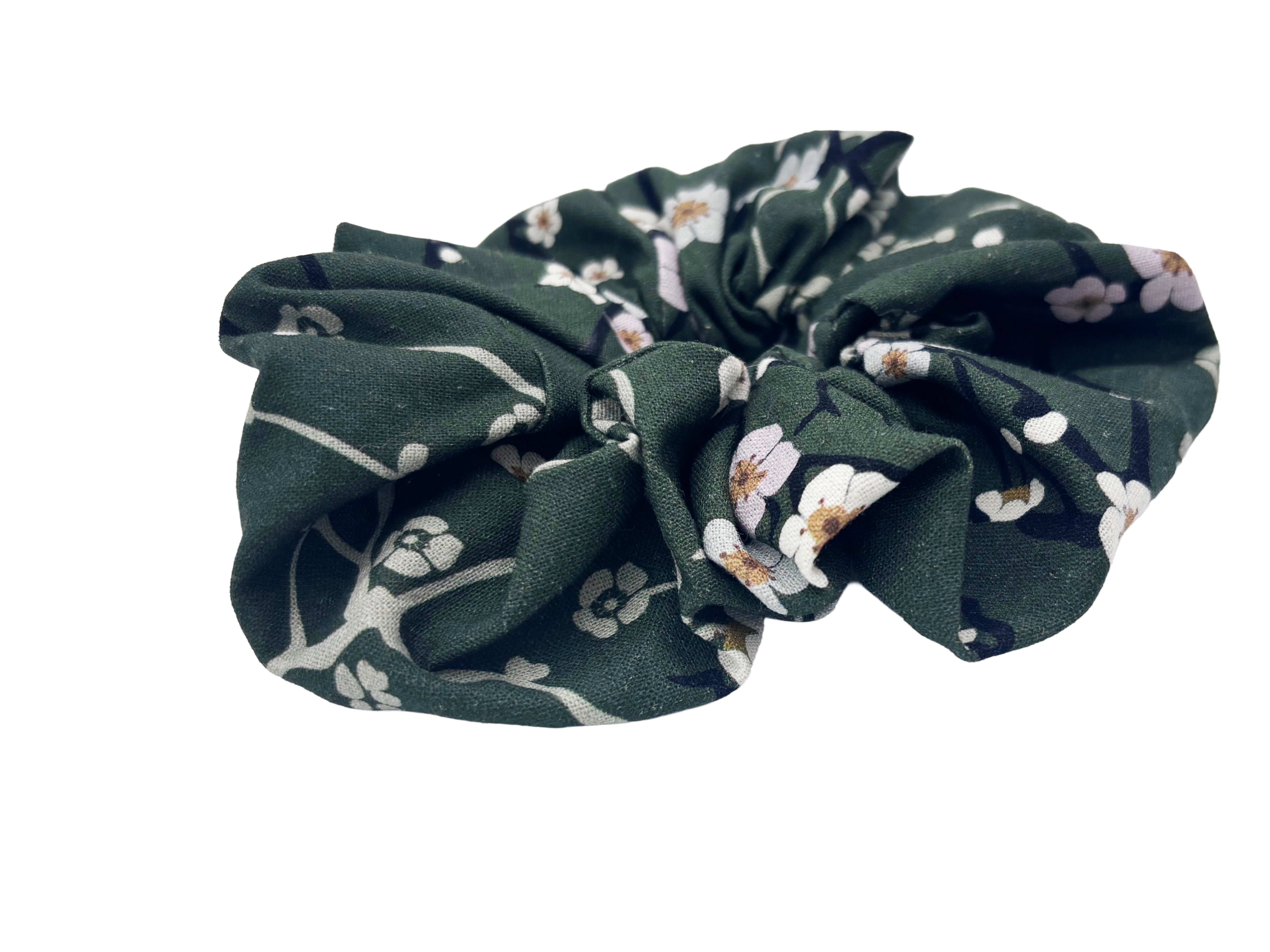Handmade Green Linen Scrunchie – cherry blossom Hair Accessory