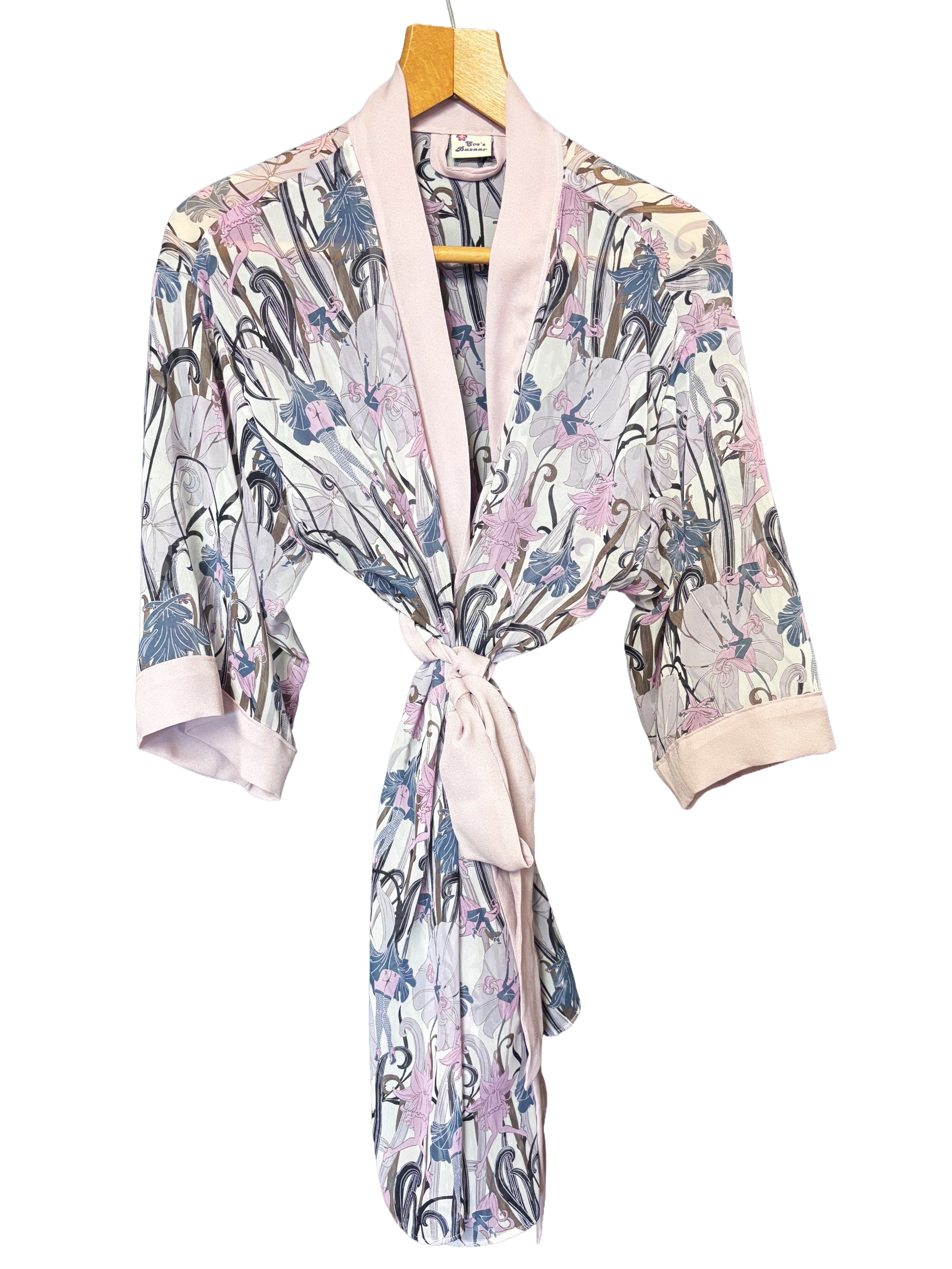 Luxury 100% Silk Floral Kimono Robe – Romantic Bedroom Dressing Gown