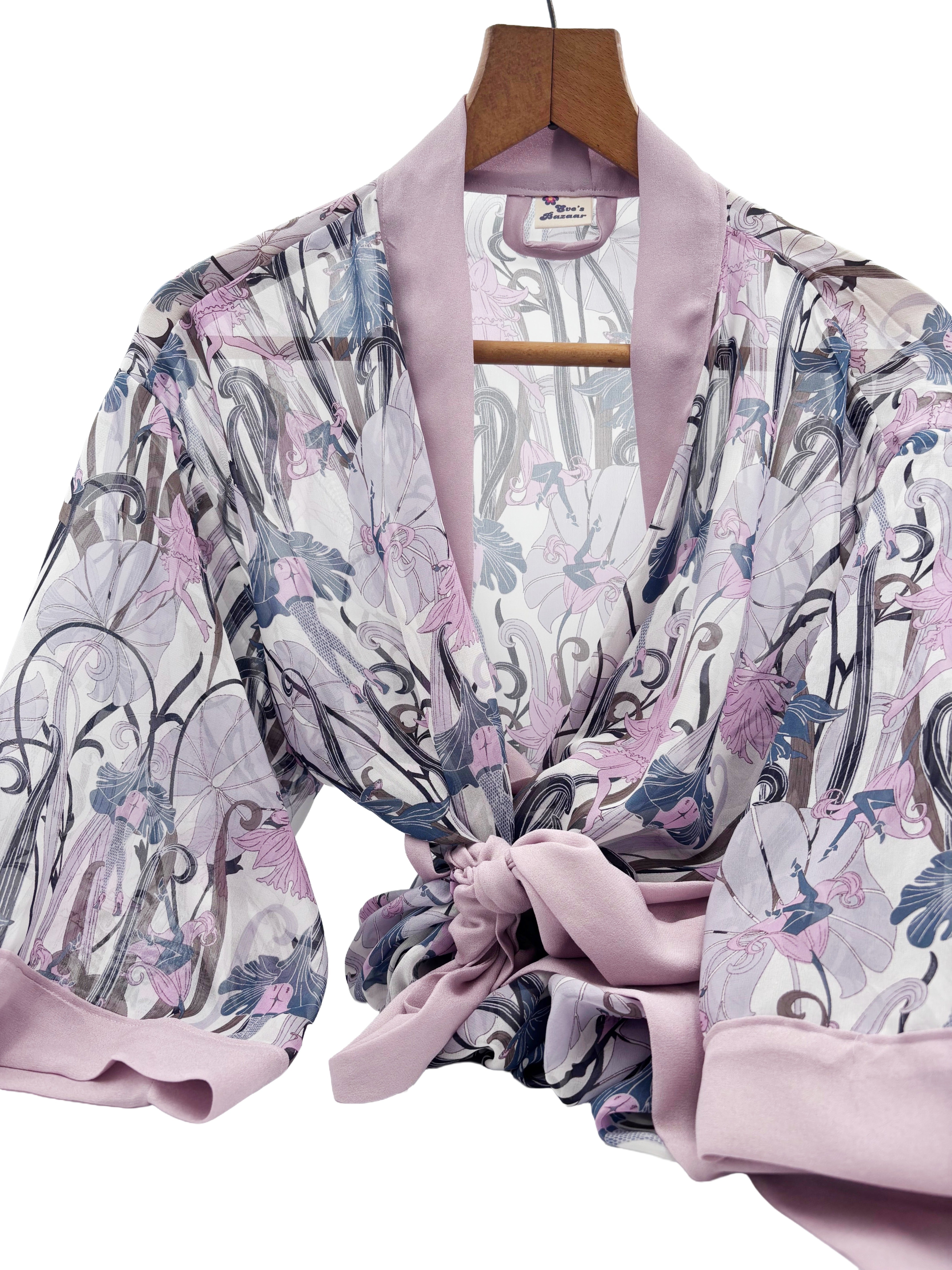 Luxury 100% Silk Floral Kimono Robe – Romantic Bedroom Dressing Gown