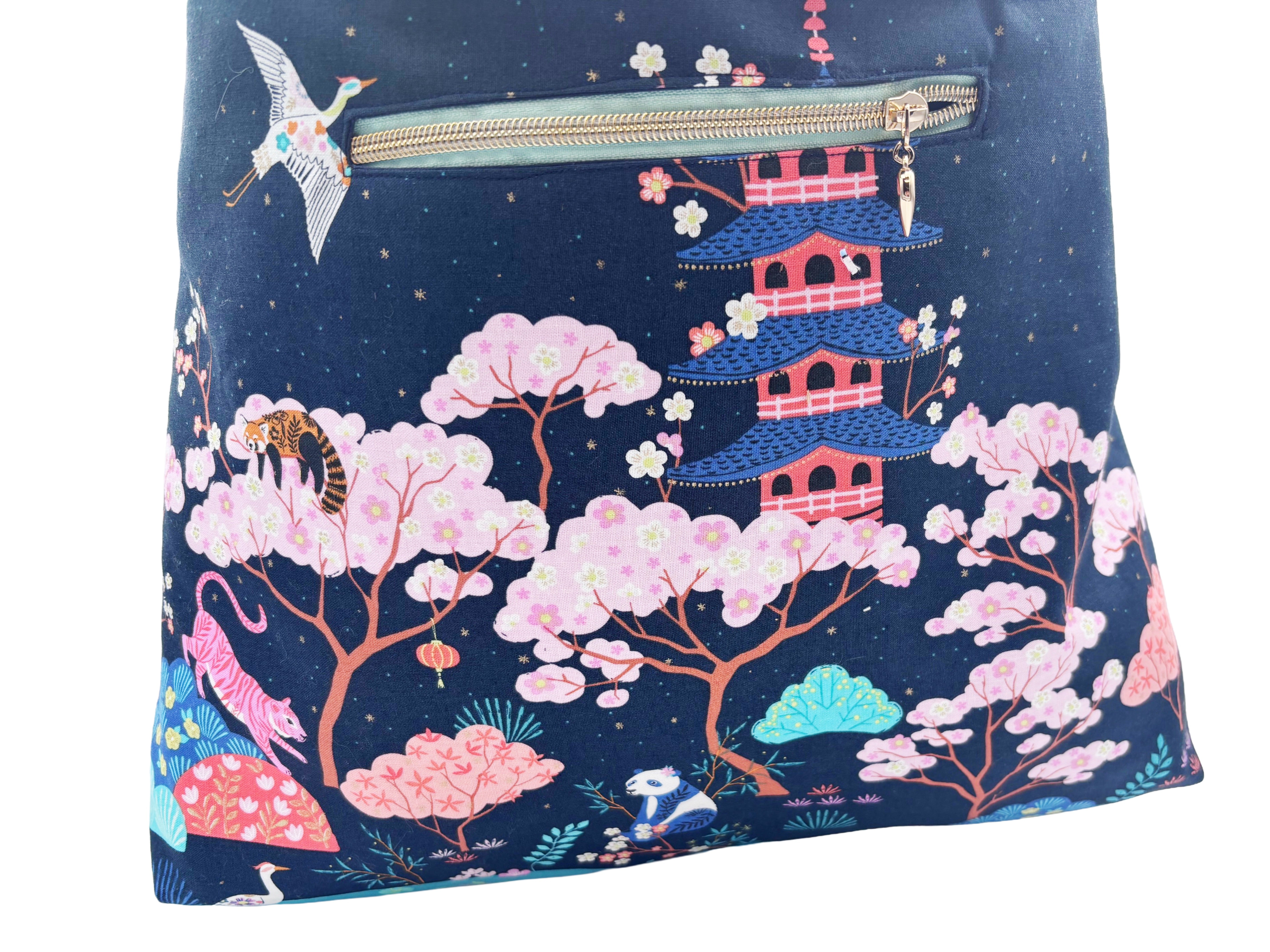 Eastern Inspired Travel Hobo Bag – navy red panda