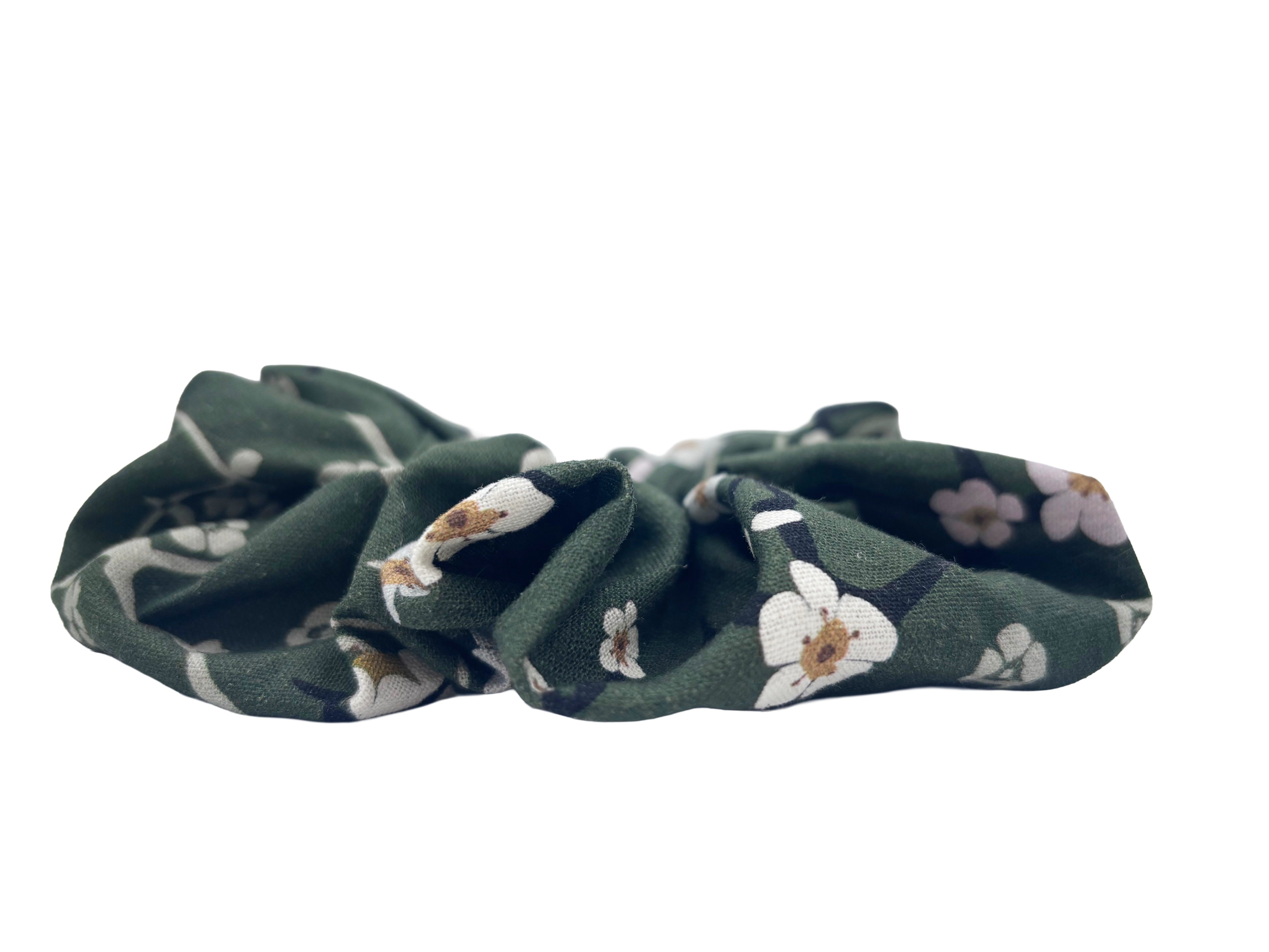 Handmade Green Linen Scrunchie – cherry blossom Hair Accessory