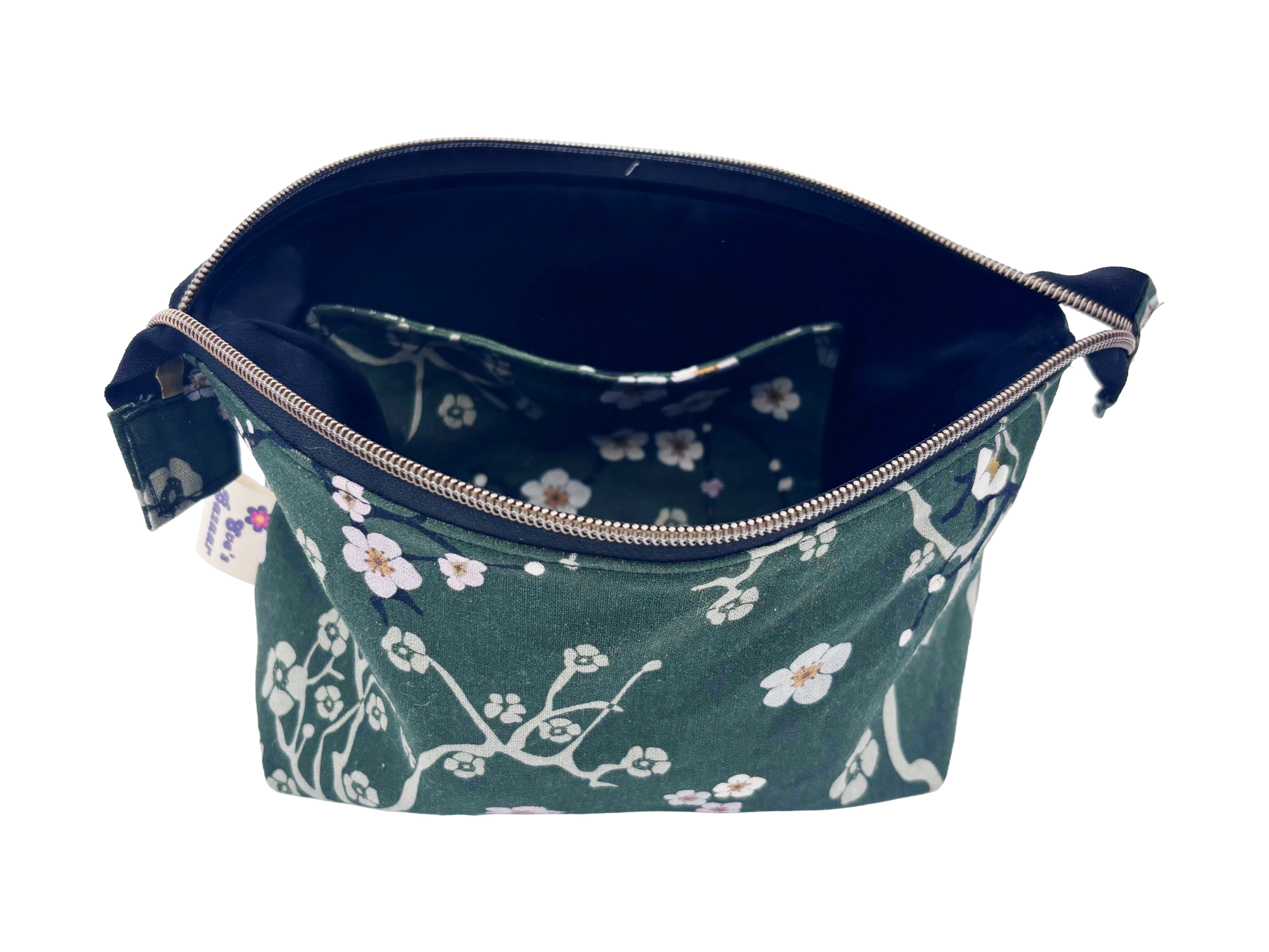 Handmade Green Linen Wash Bag – Satin Lined Cosmetic Pouch – Eastern Escape Collection