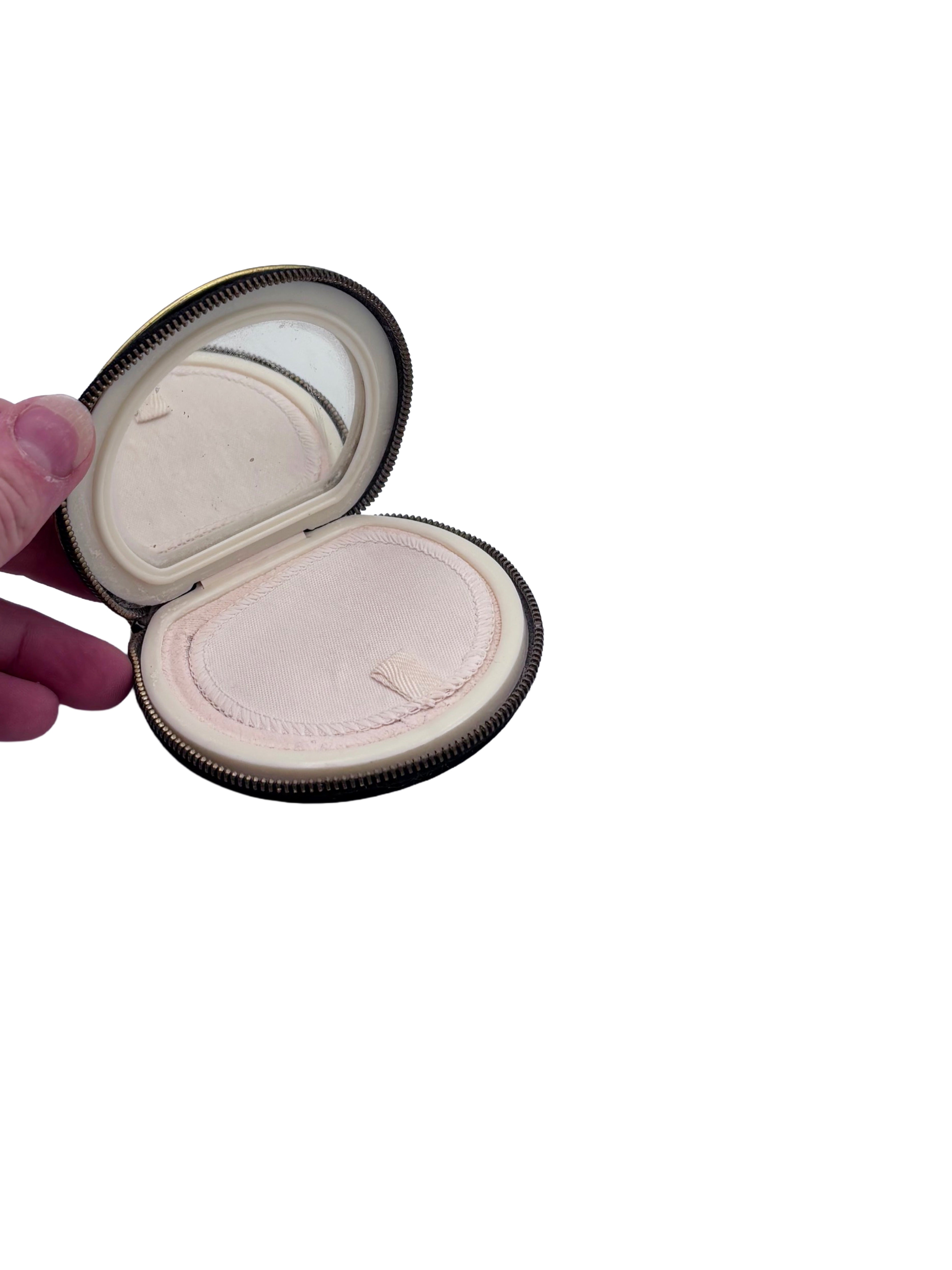 Vintage 1950s Embroidered Powder Compact – Floral Needlepoint Vanity Case