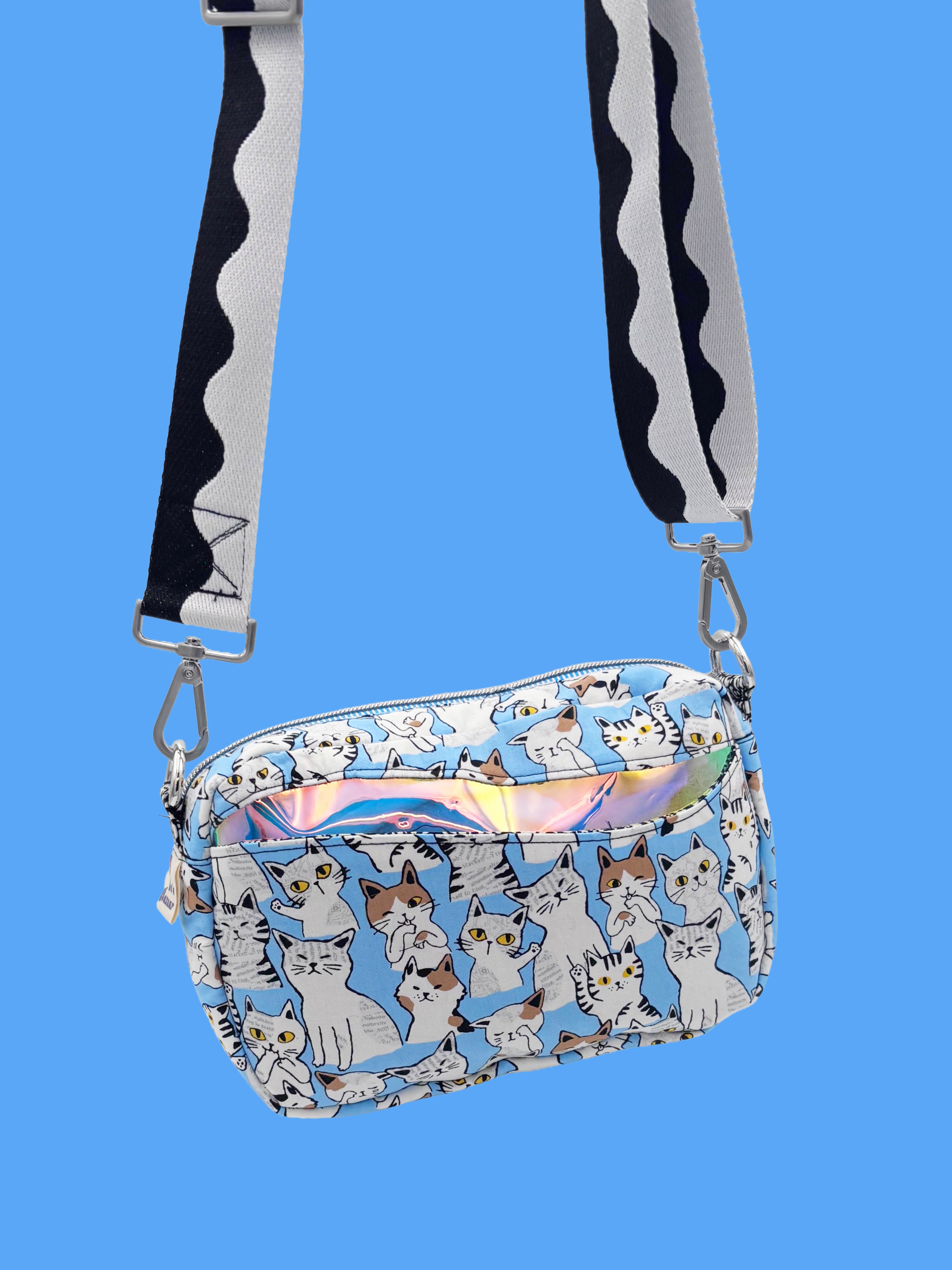 Japanese Cat Crossbody Bag – Handmade Multi Pocket Fabric Shoulder Bag Blue