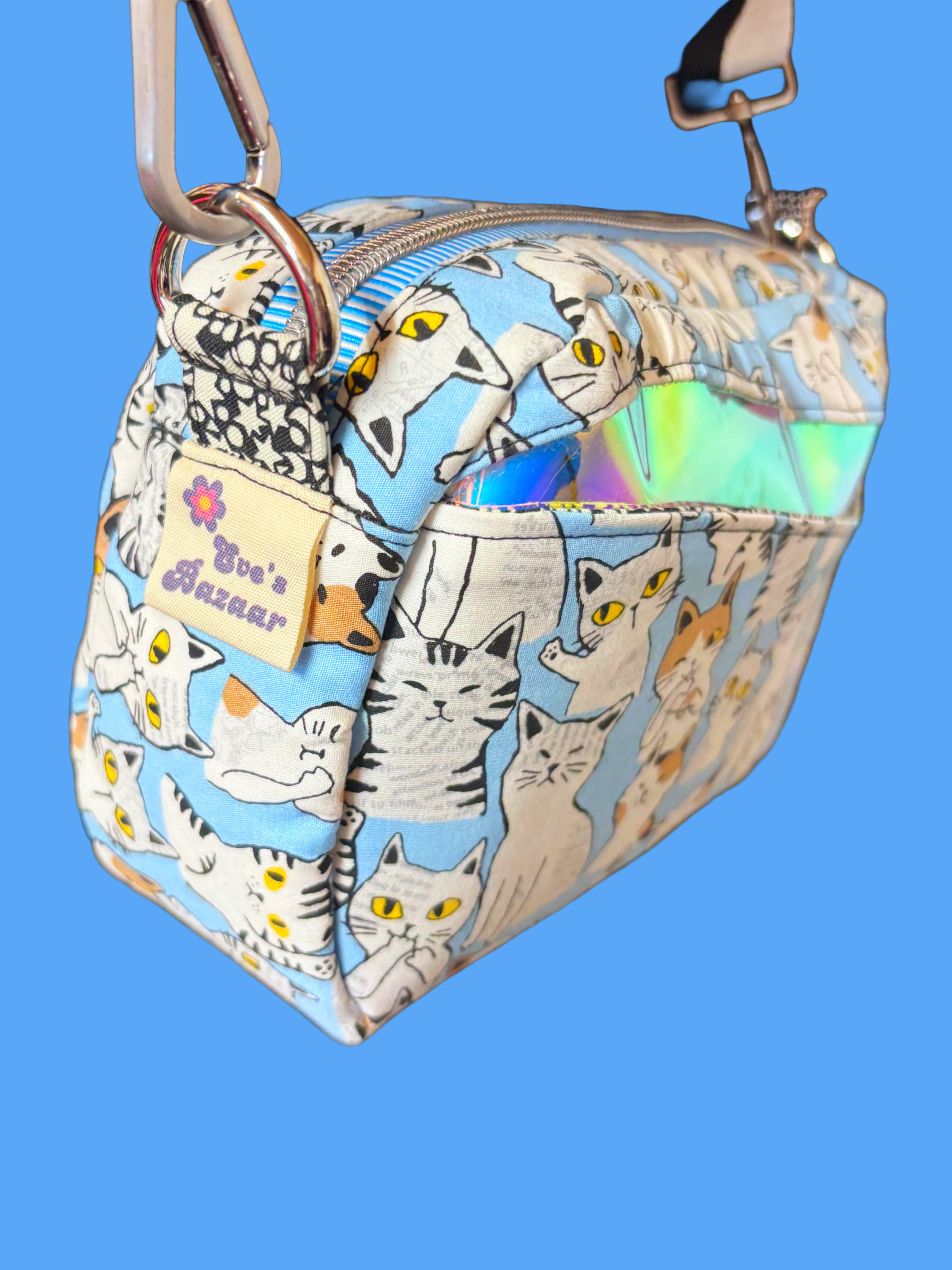 Japanese Cat Crossbody Bag – Handmade Multi Pocket Fabric Shoulder Bag Blue