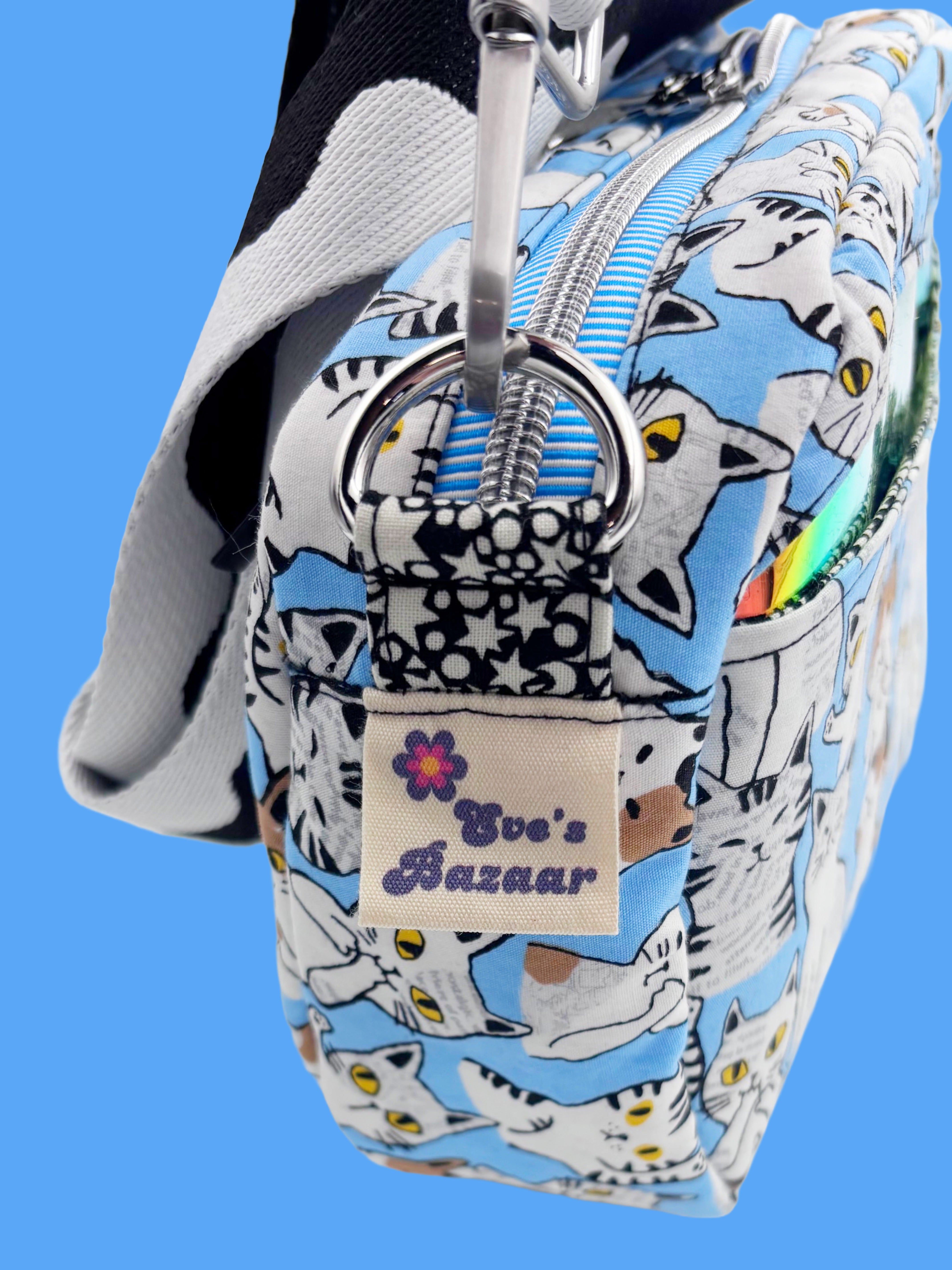 Japanese Cat Crossbody Bag – Handmade Multi Pocket Fabric Shoulder Bag Blue