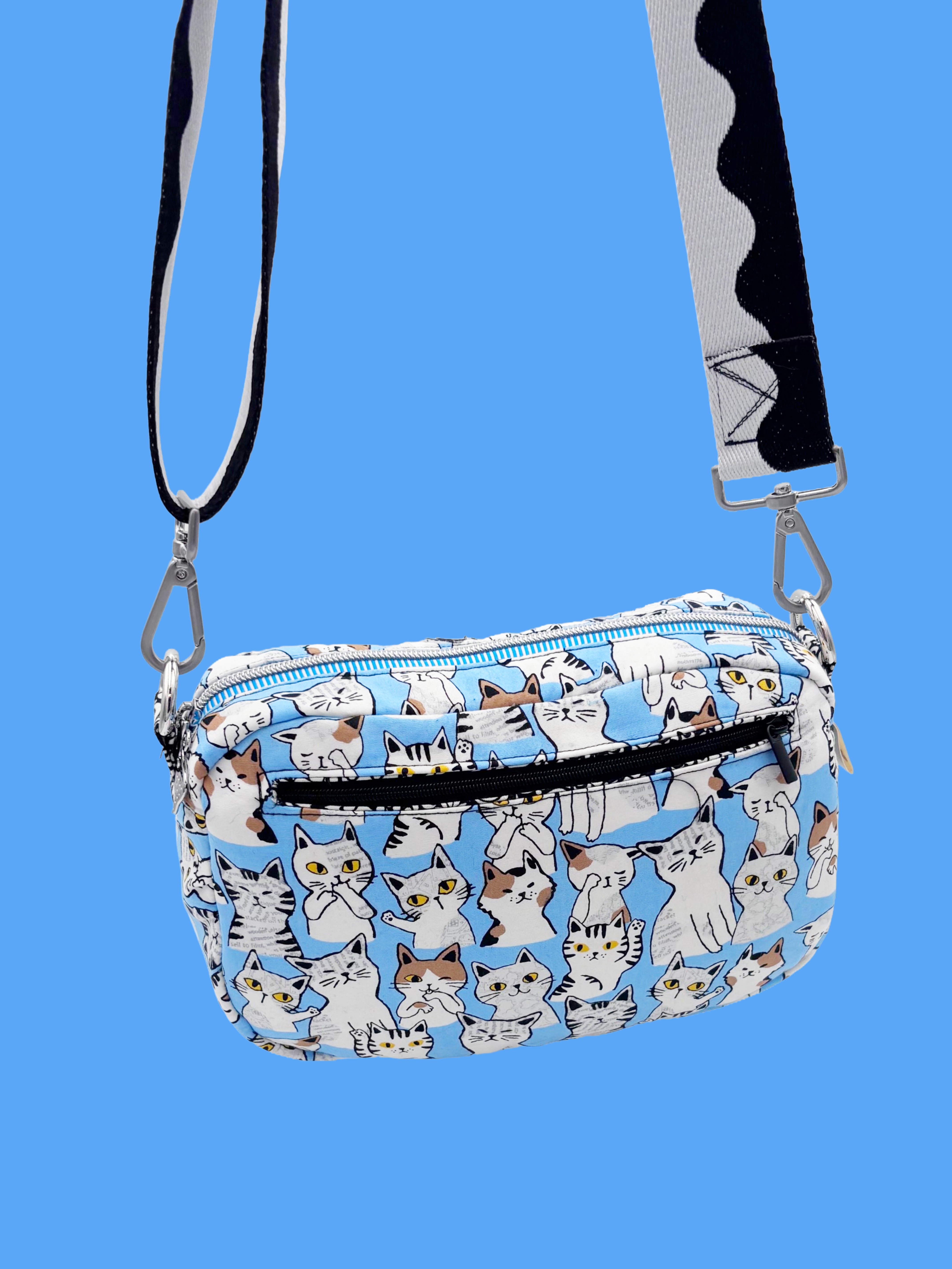 Japanese Cat Crossbody Bag – Handmade Multi Pocket Fabric Shoulder Bag Blue