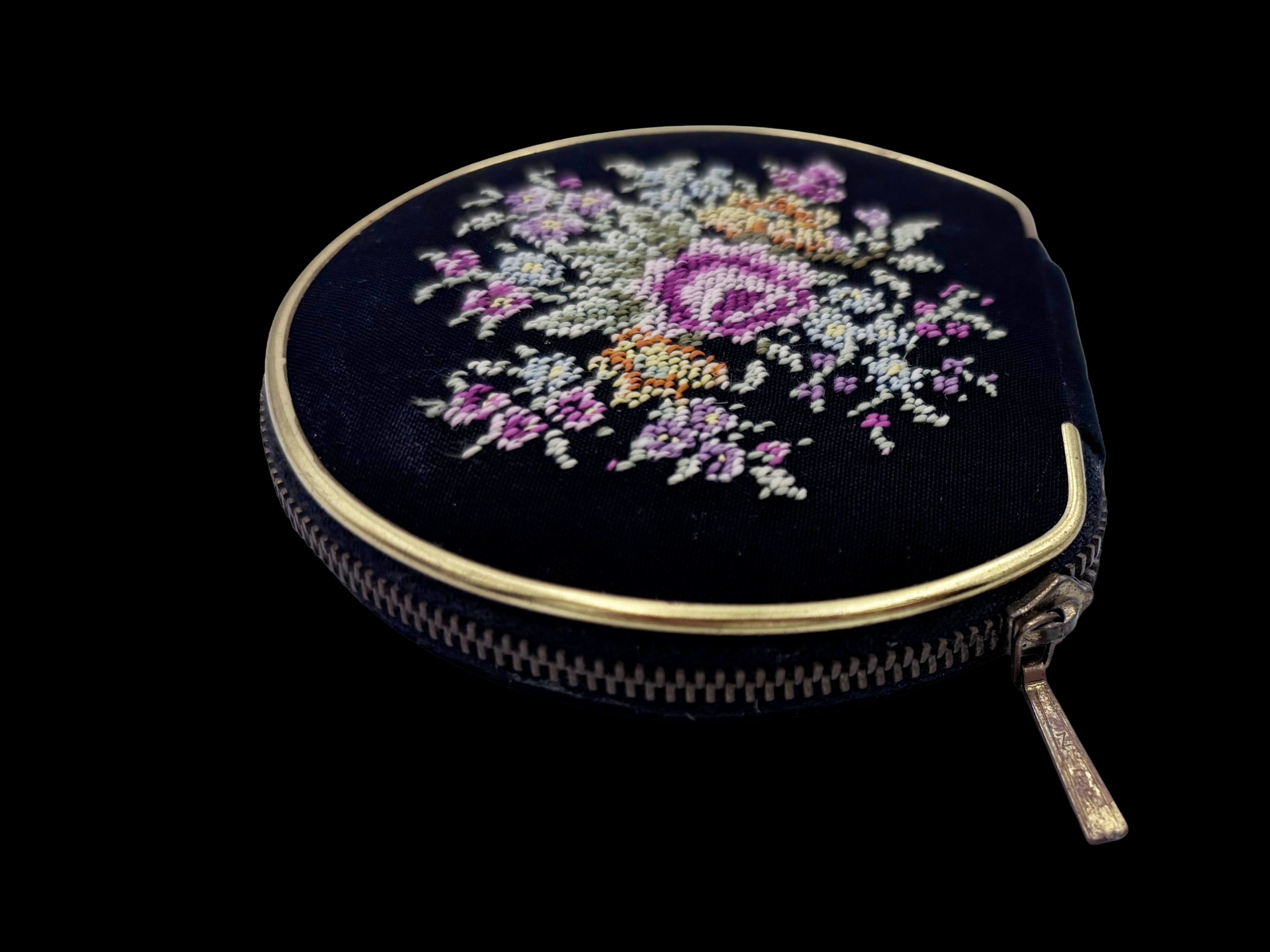 Vintage 1950s Embroidered Powder Compact – Floral Needlepoint Vanity Case