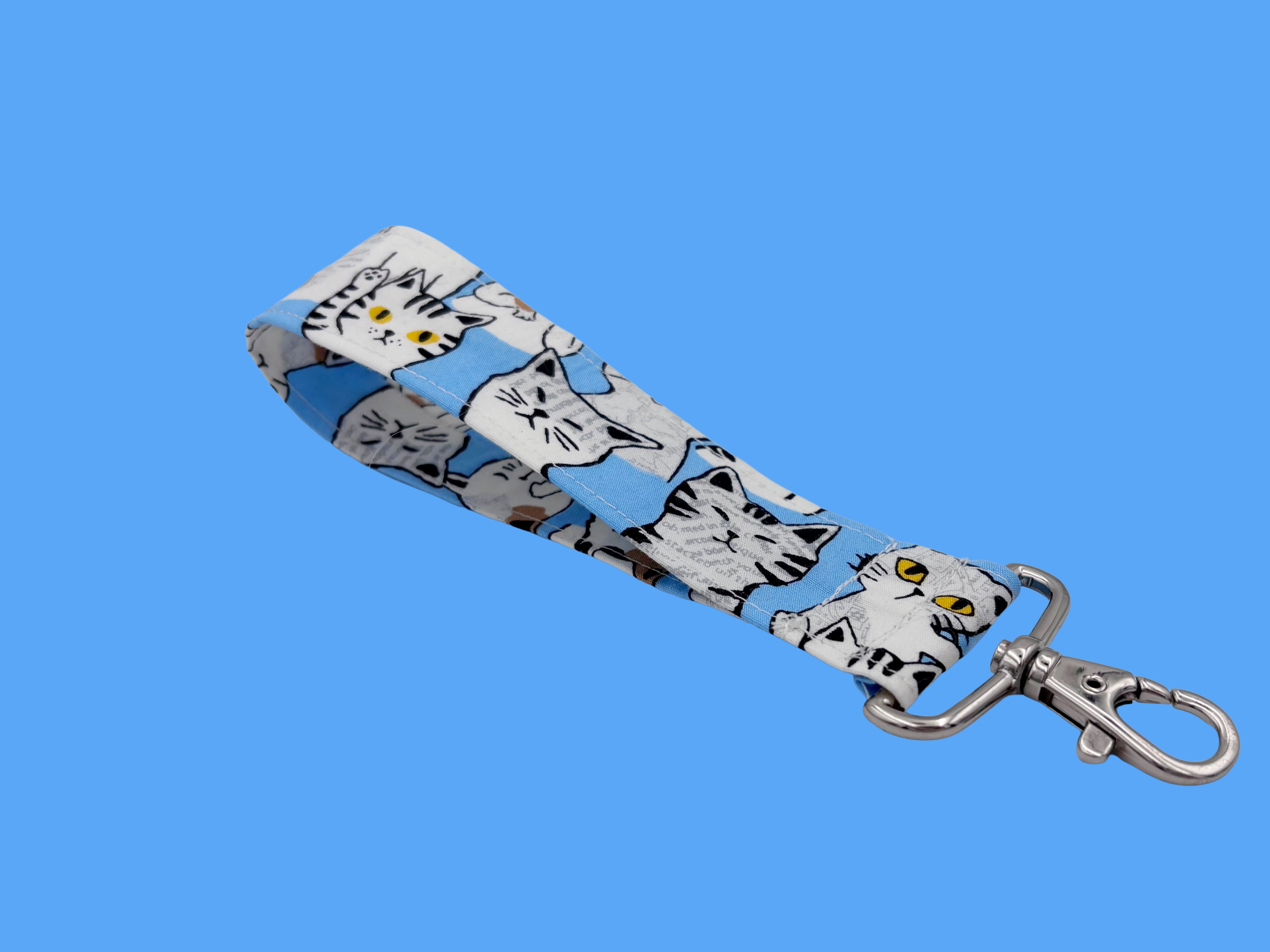 Blue Japanese Cat Keyring Wristlet – Quirky Handmade Gadget Clip