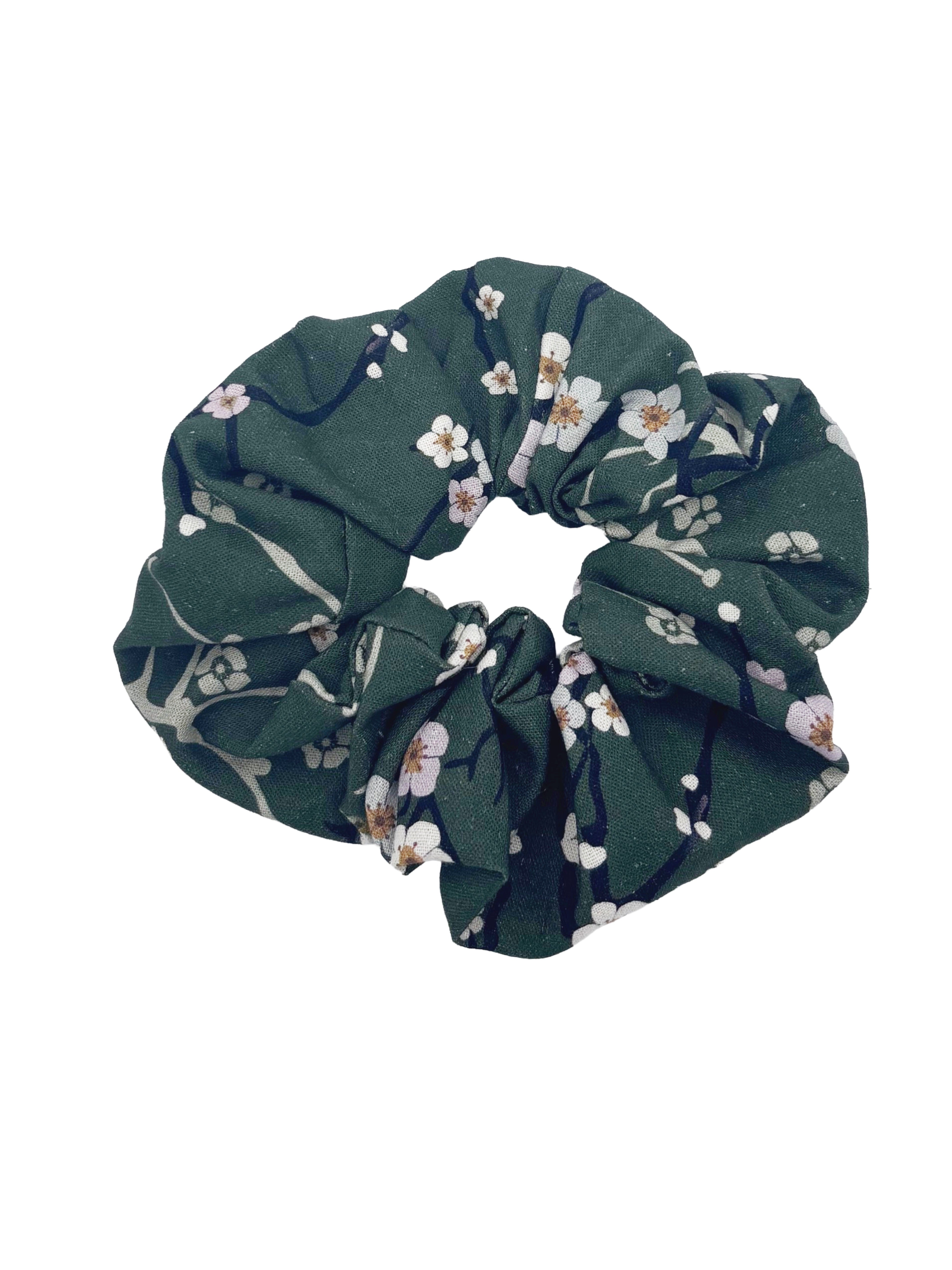Handmade Green Linen Scrunchie – cherry blossom Hair Accessory