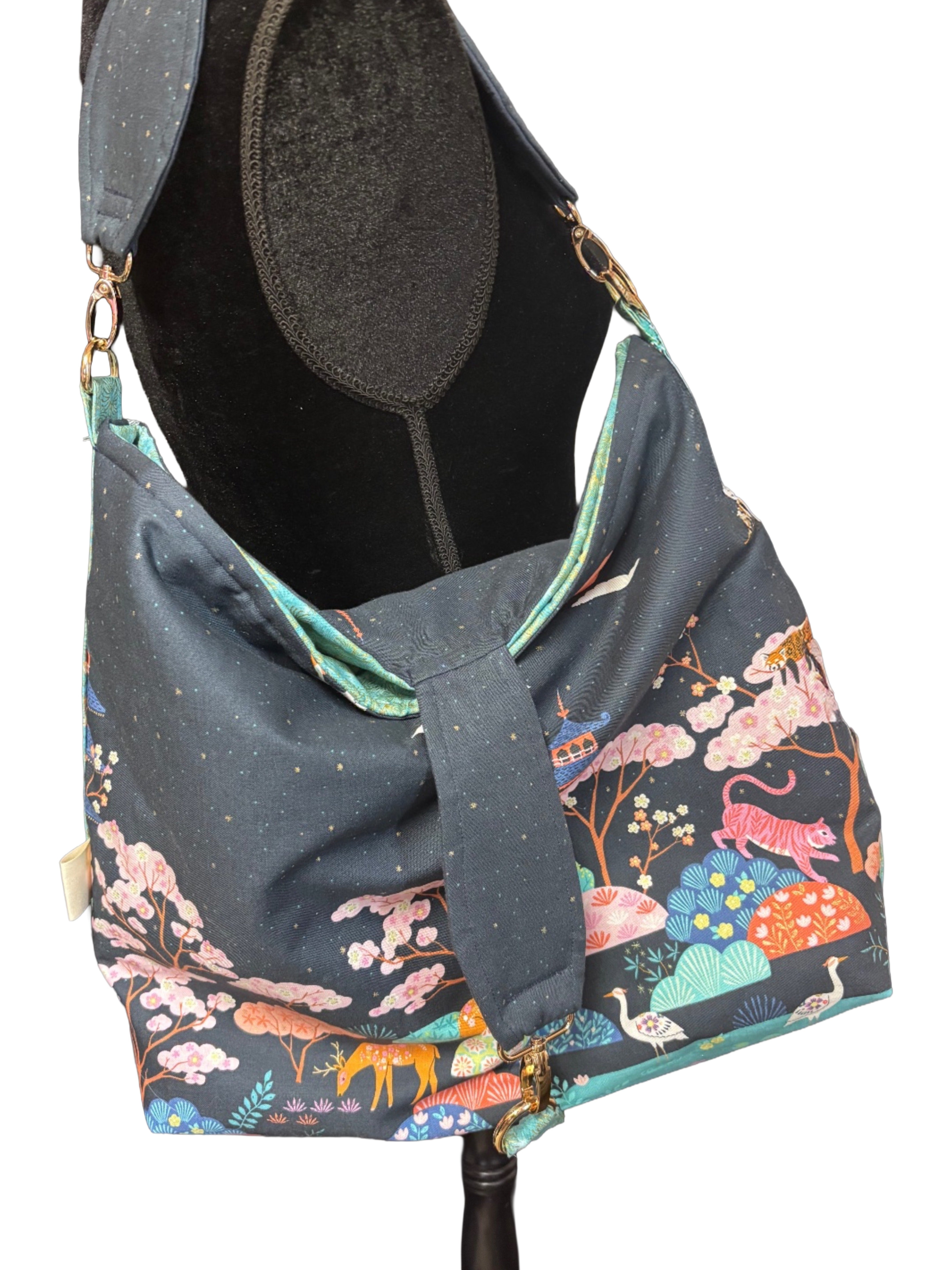 Eastern Inspired Travel Hobo Bag – navy red panda