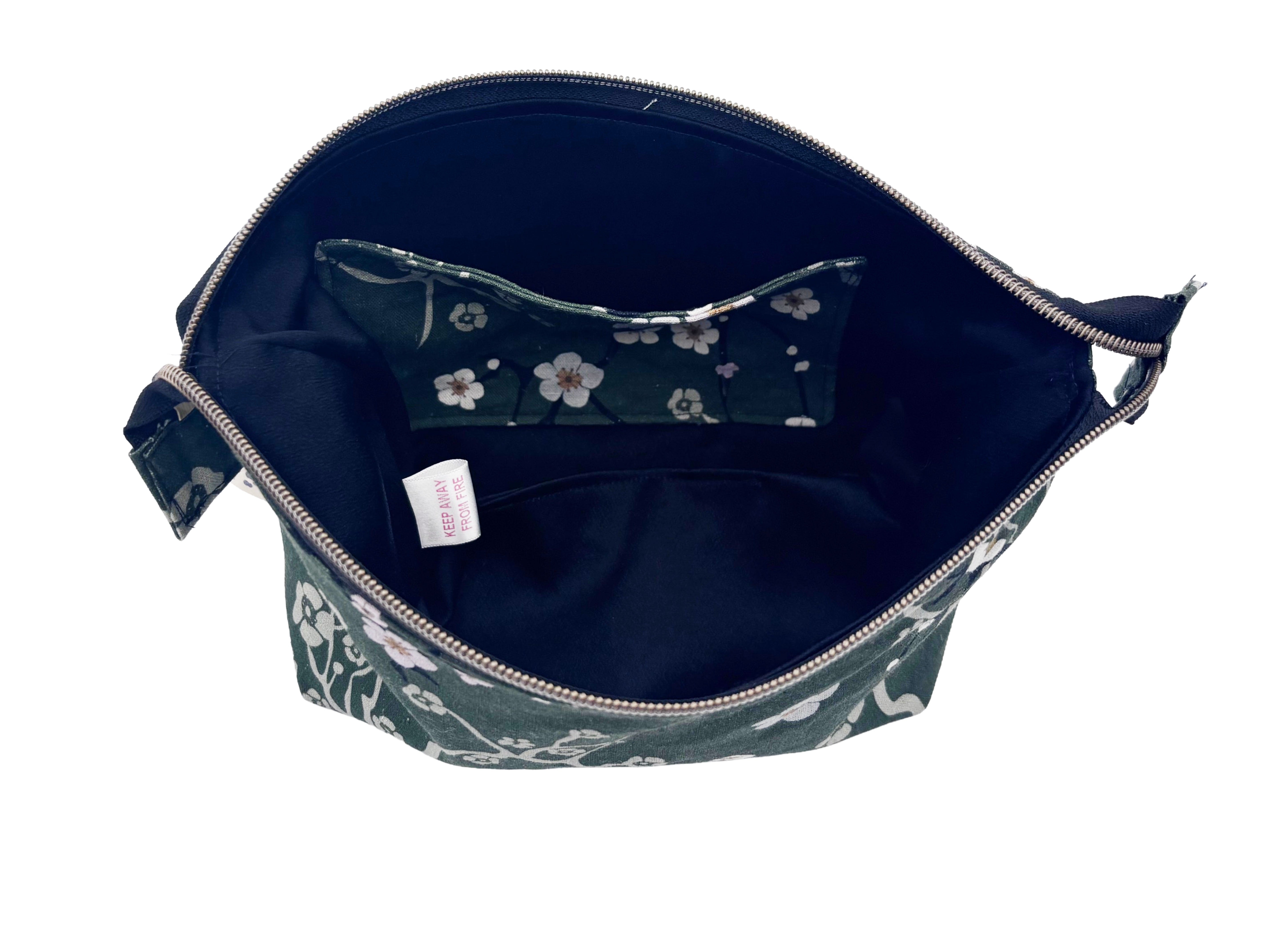 Handmade Green Linen Wash Bag – Satin Lined Cosmetic Pouch – Eastern Escape Collection