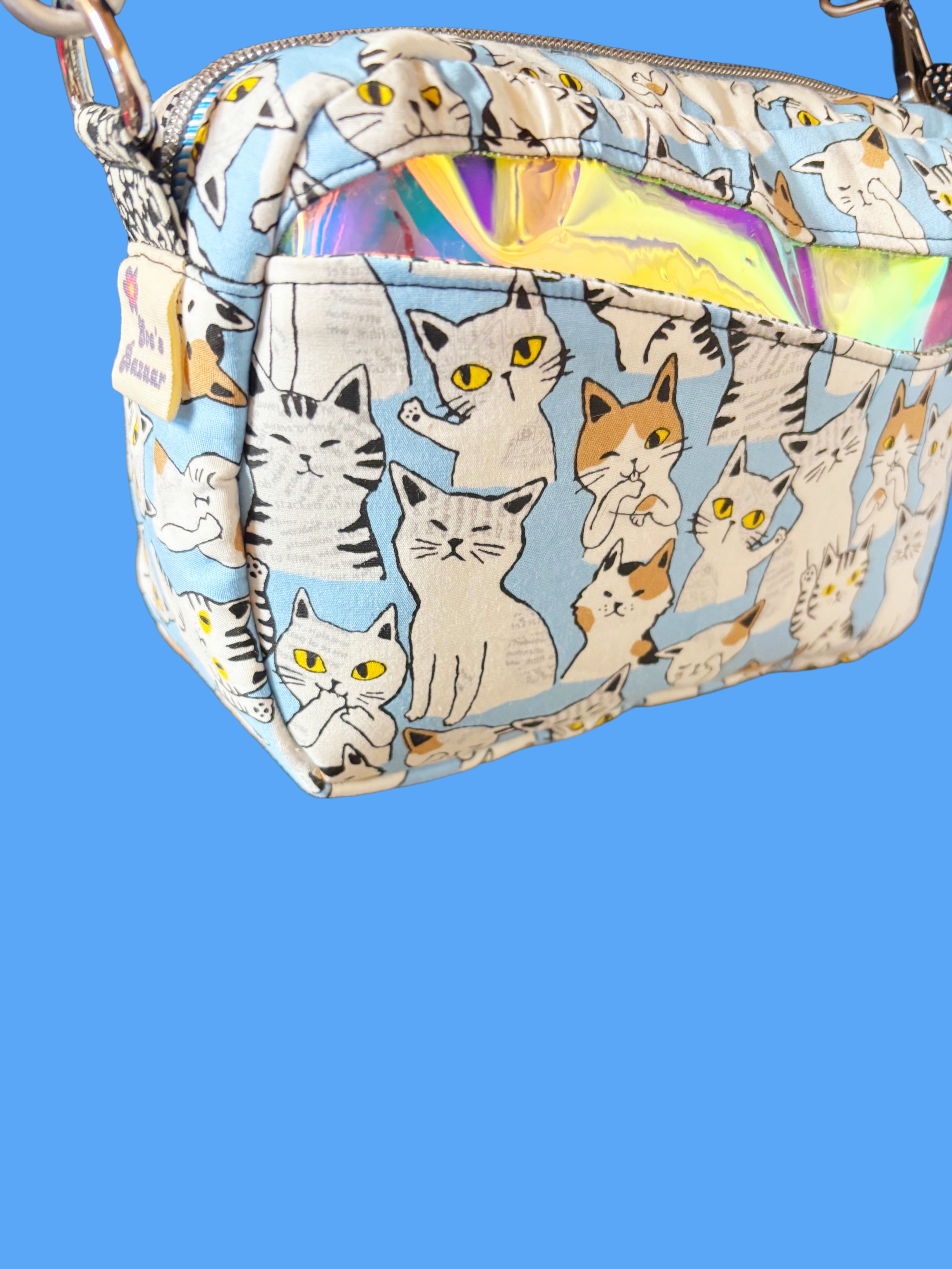 Japanese Cat Crossbody Bag – Handmade Multi Pocket Fabric Shoulder Bag Blue