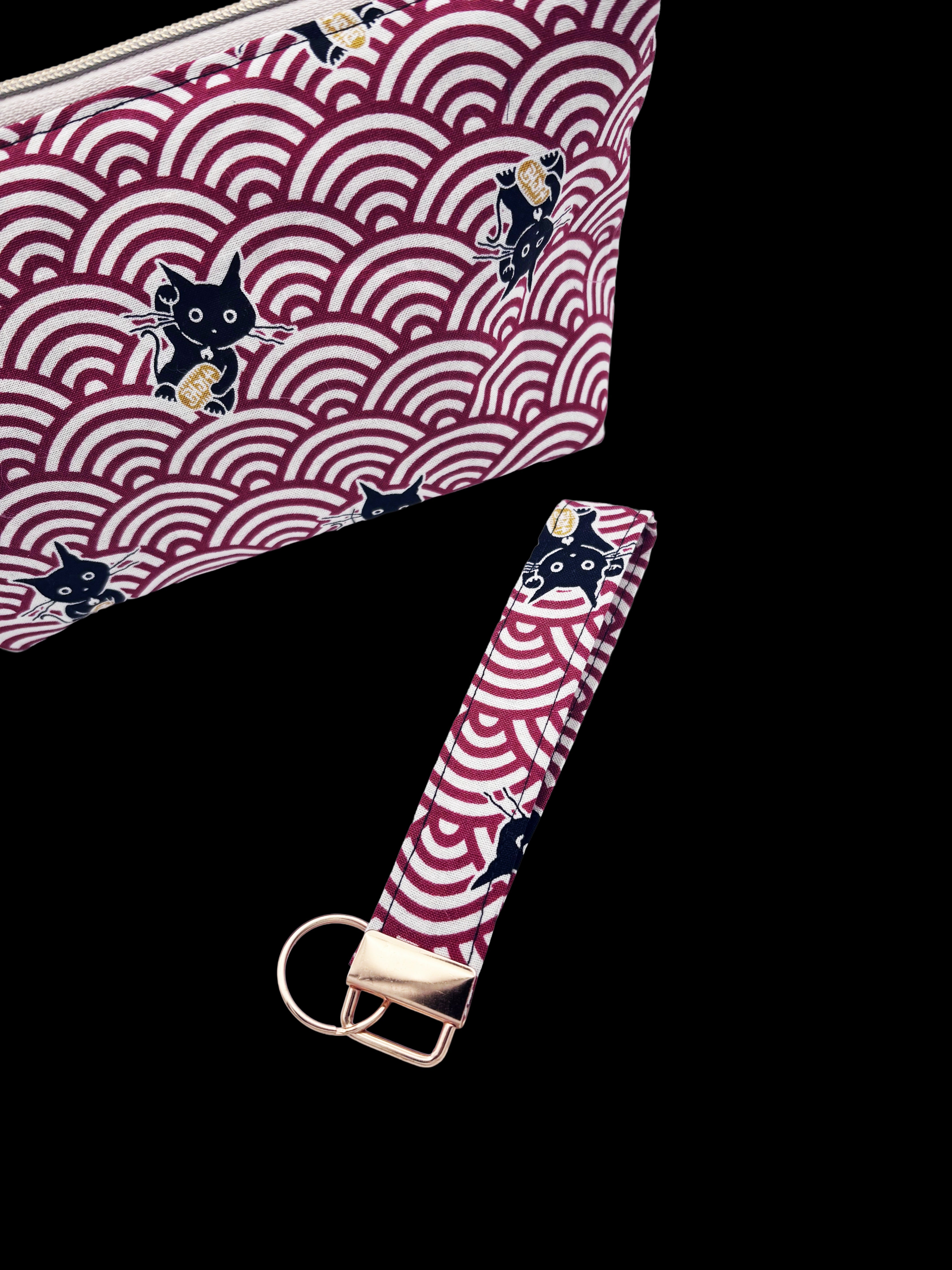 Japanese Lucky Cat Key Ring Wristlet – Red Cotton Maneki Neko Fabric Keychain