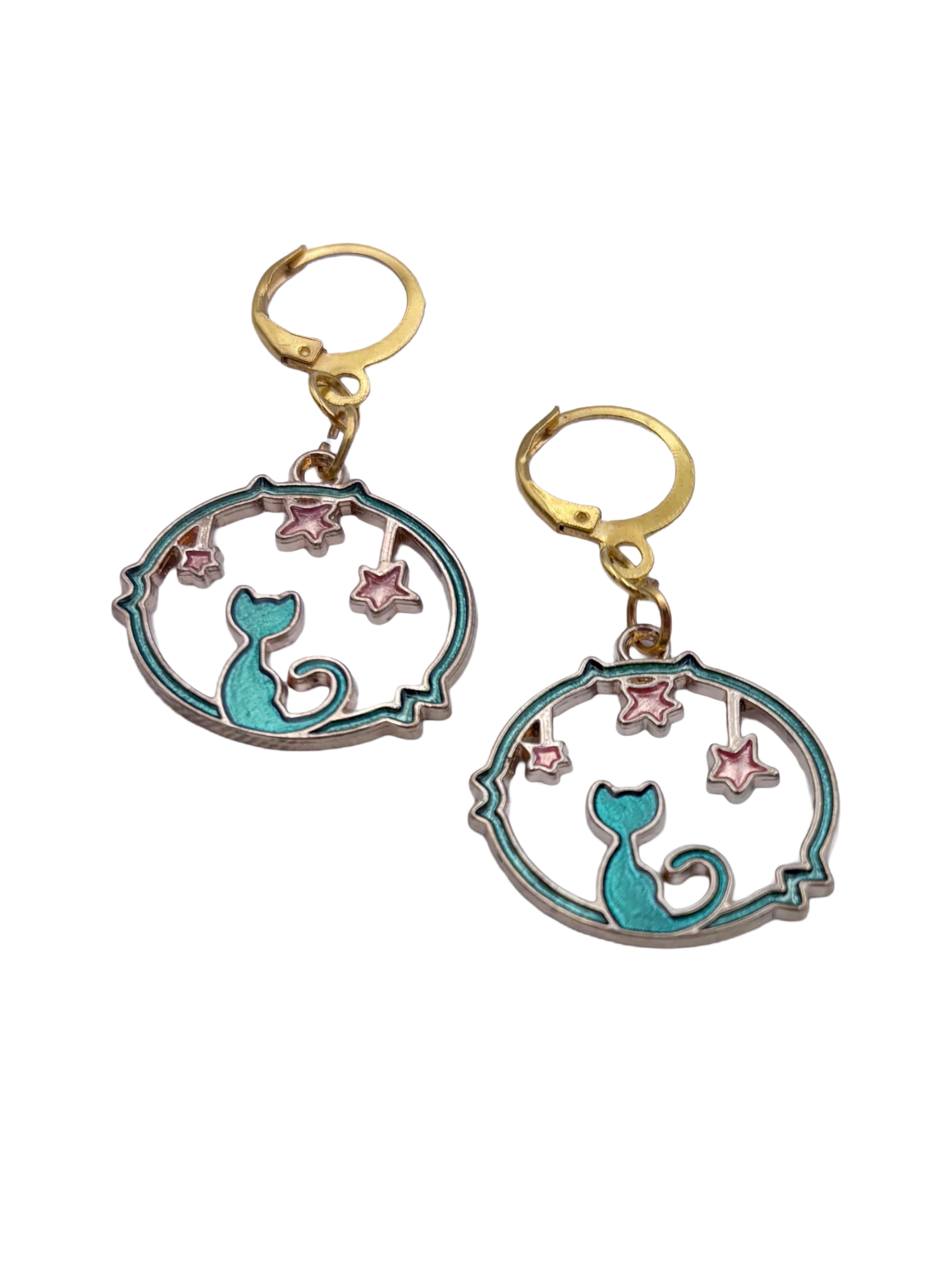 Whimsical Cat & Star Dangle Earrings – Cute Cat Jewellery