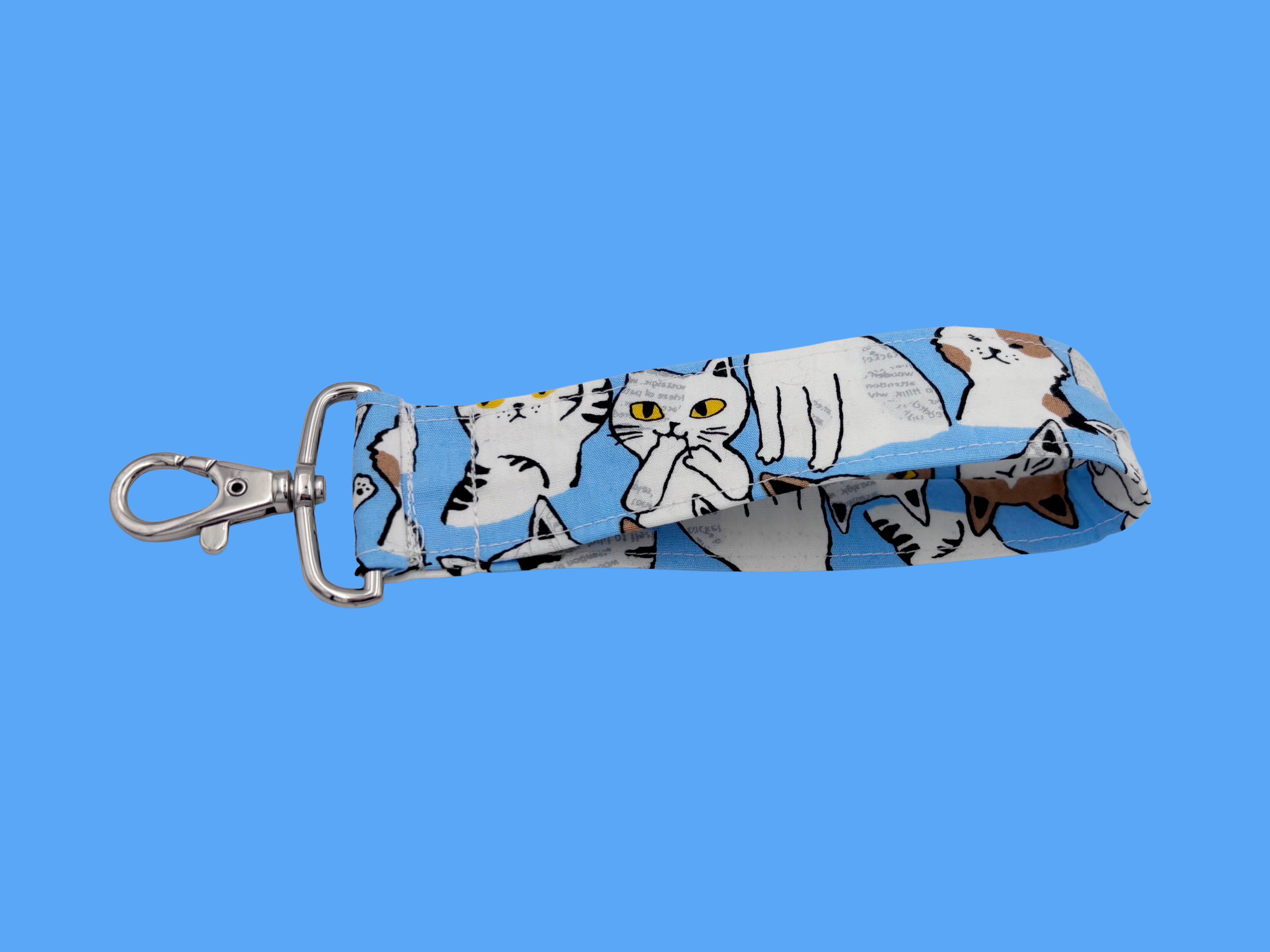 Blue Japanese Cat Keyring Wristlet – Quirky Handmade Gadget Clip