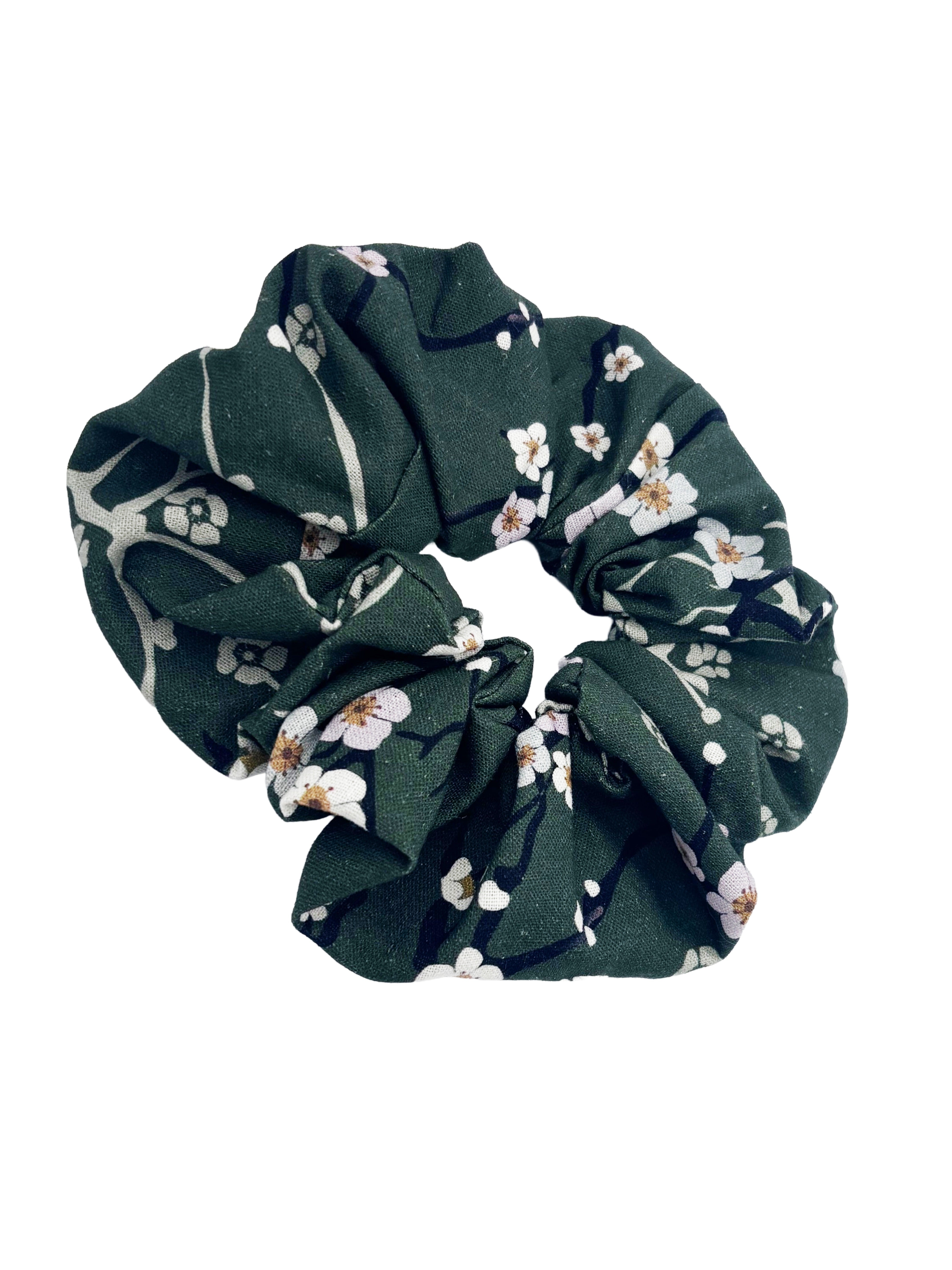 Handmade Green Linen Scrunchie – cherry blossom Hair Accessory