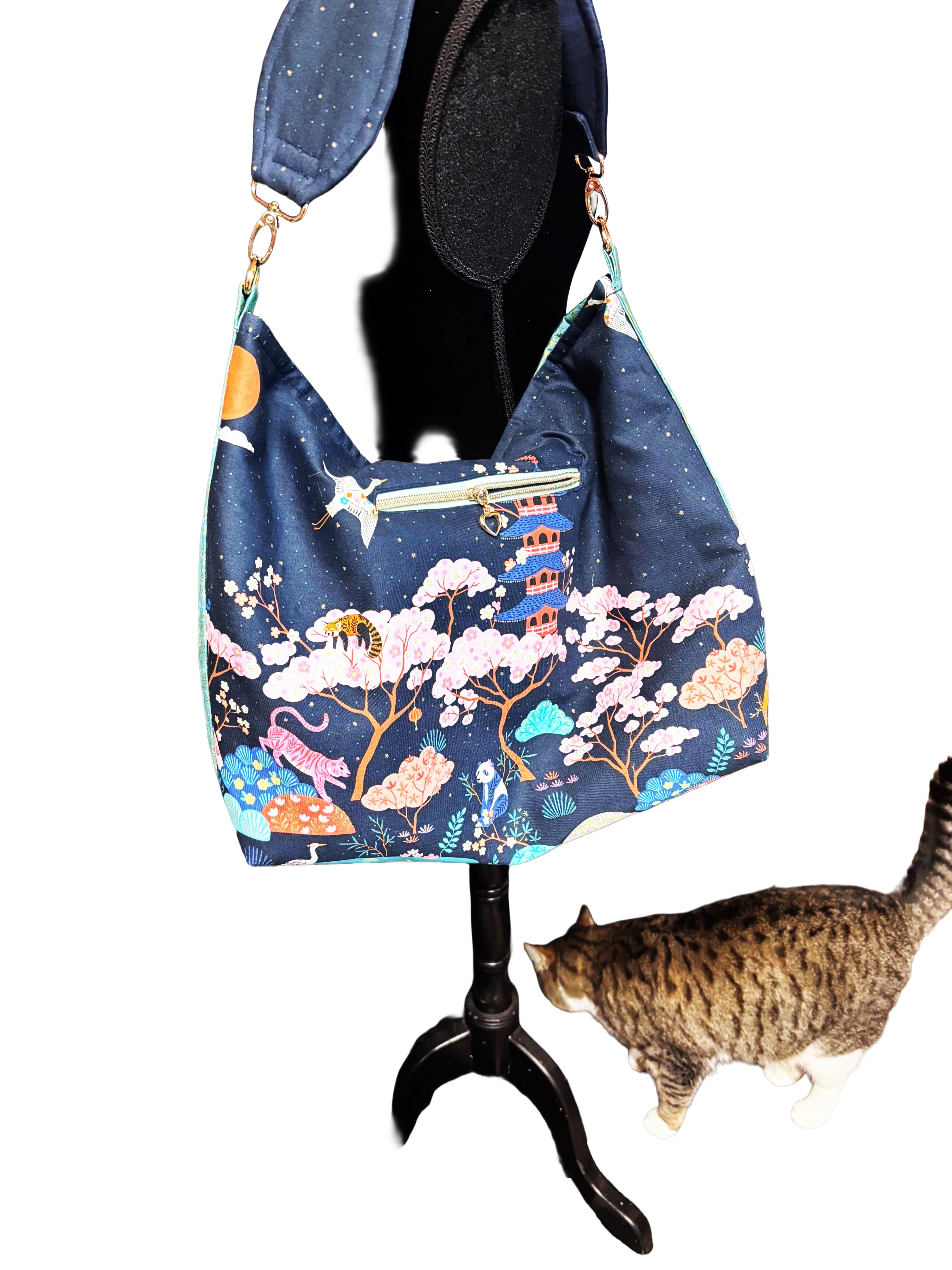 Eastern Inspired Travel Hobo Bag – navy red panda