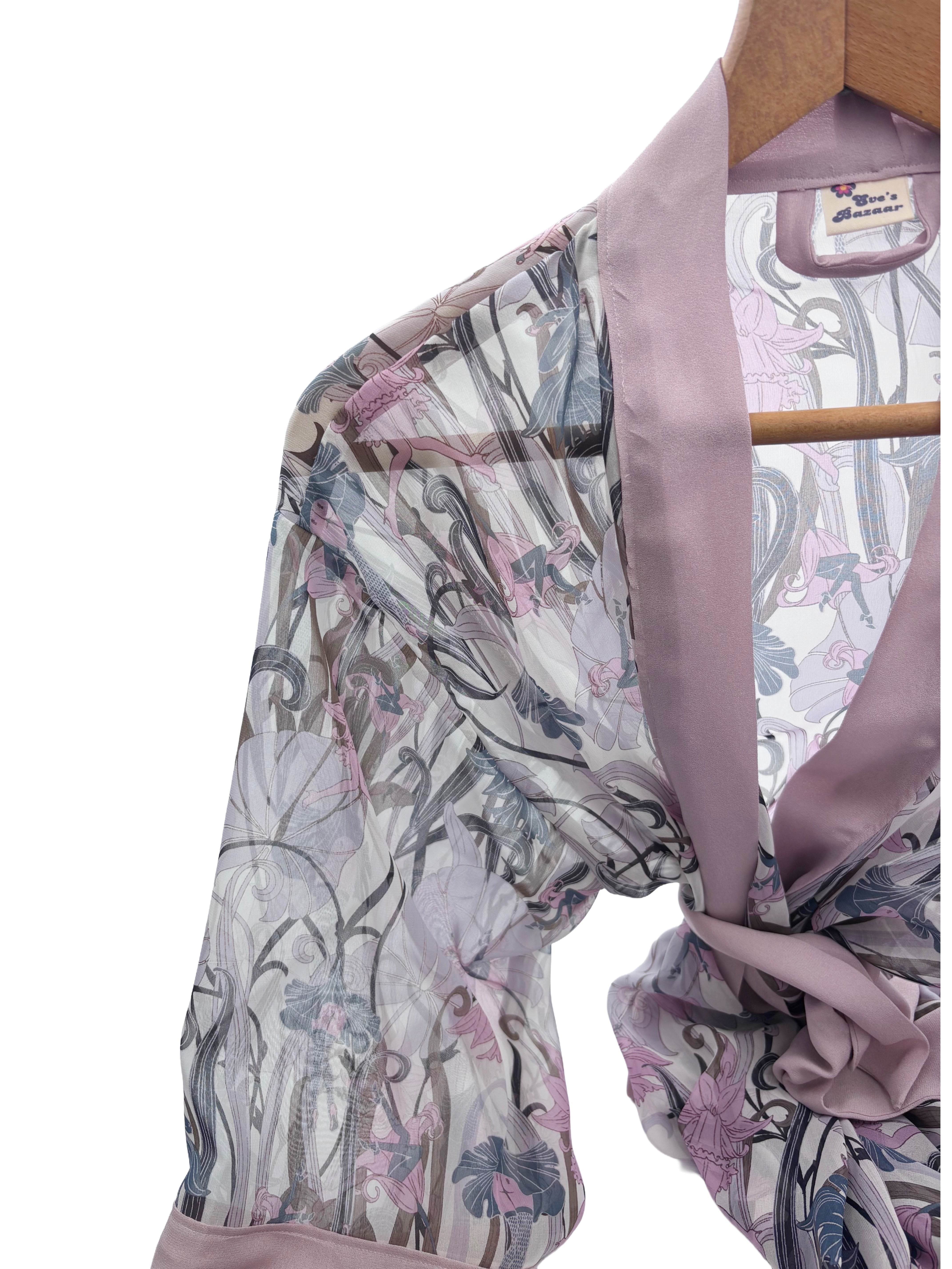 Luxury 100% Silk Floral Kimono Robe – Romantic Bedroom Dressing Gown
