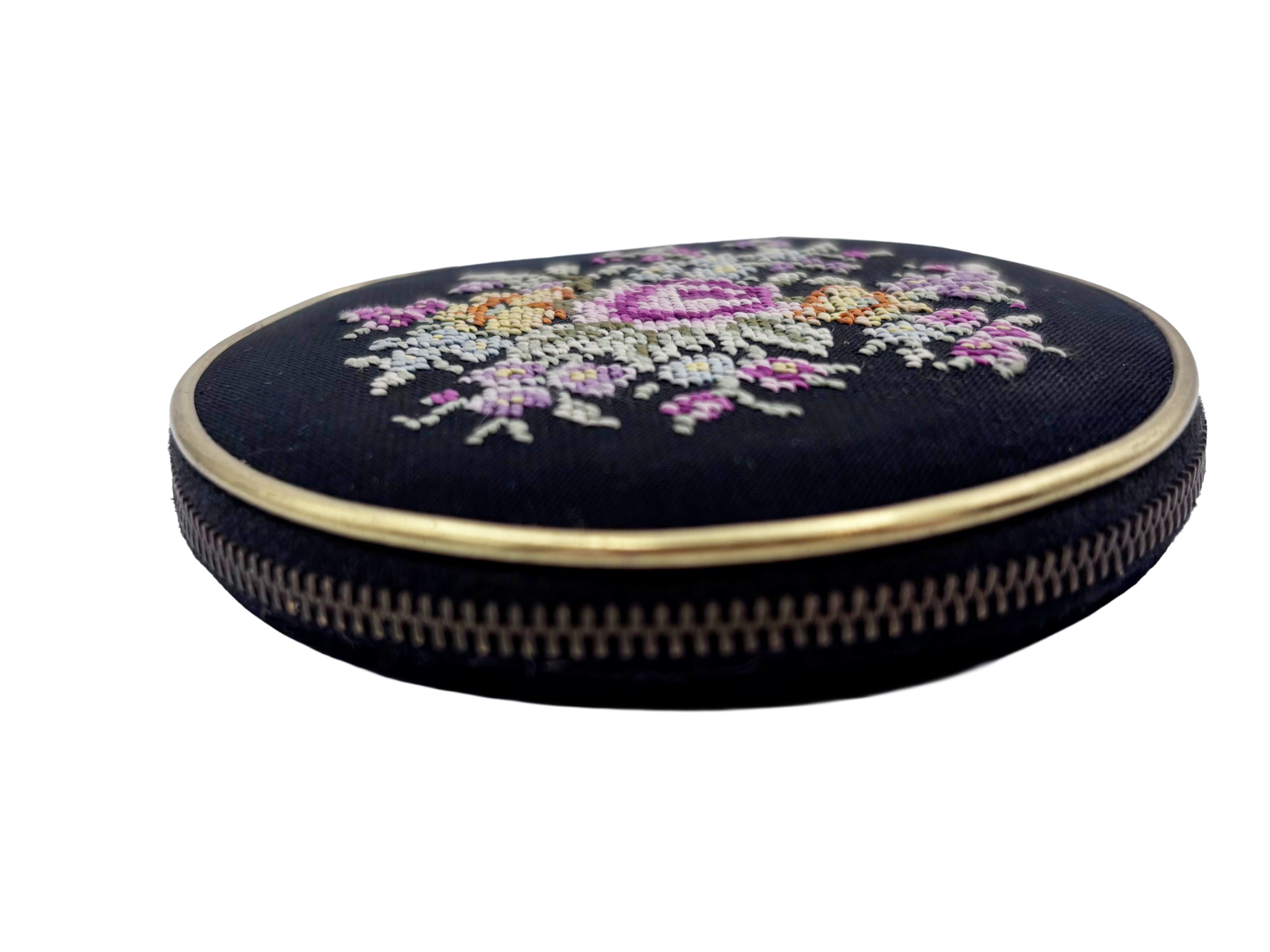 Vintage 1950s Embroidered Powder Compact – Floral Needlepoint Vanity Case