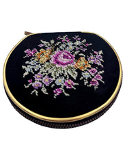 Vintage 1950s Embroidered Powder Compact – Floral Needlepoint Vanity Case