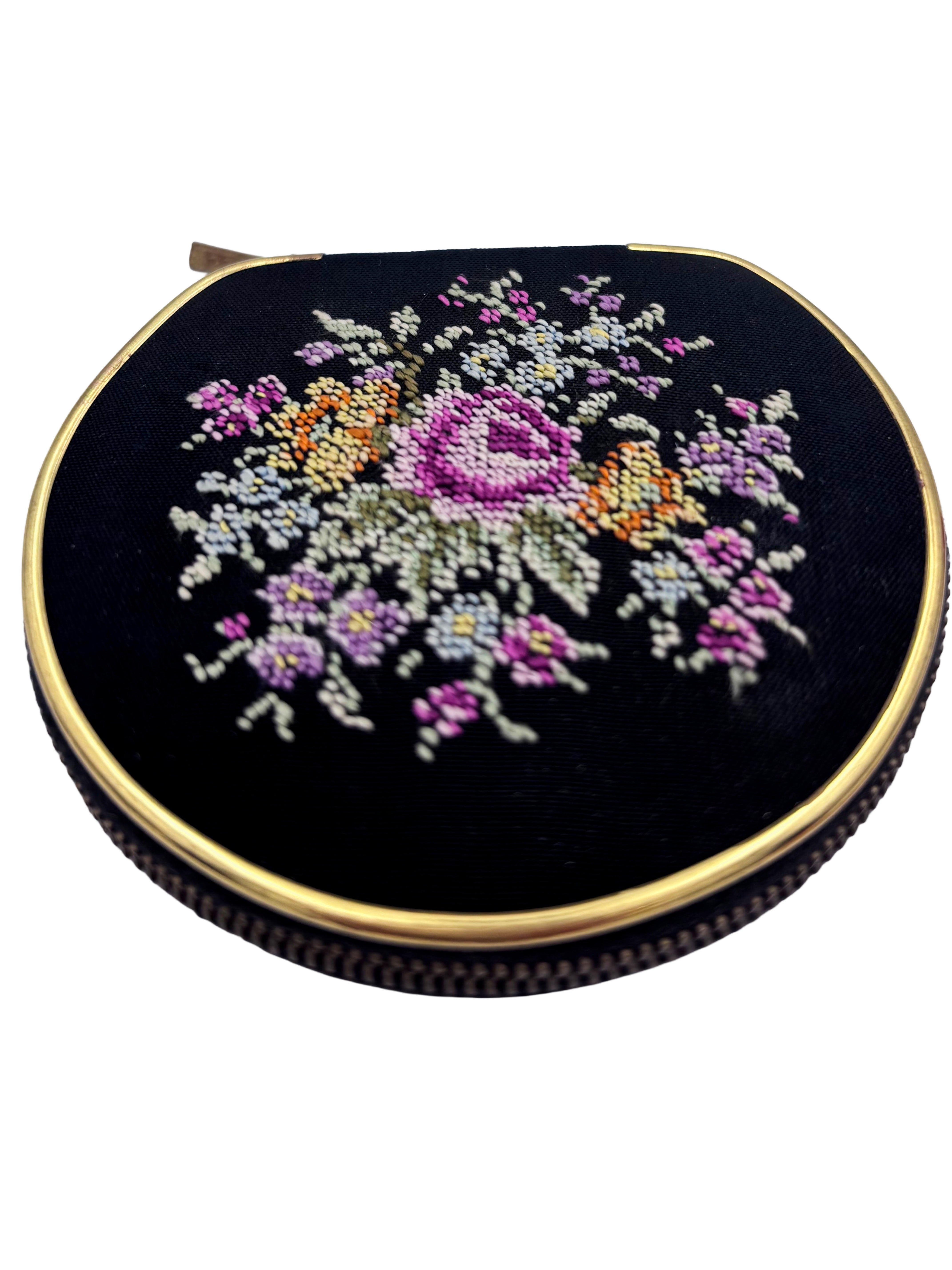 Vintage 1950s Embroidered Powder Compact – Floral Needlepoint Vanity Case