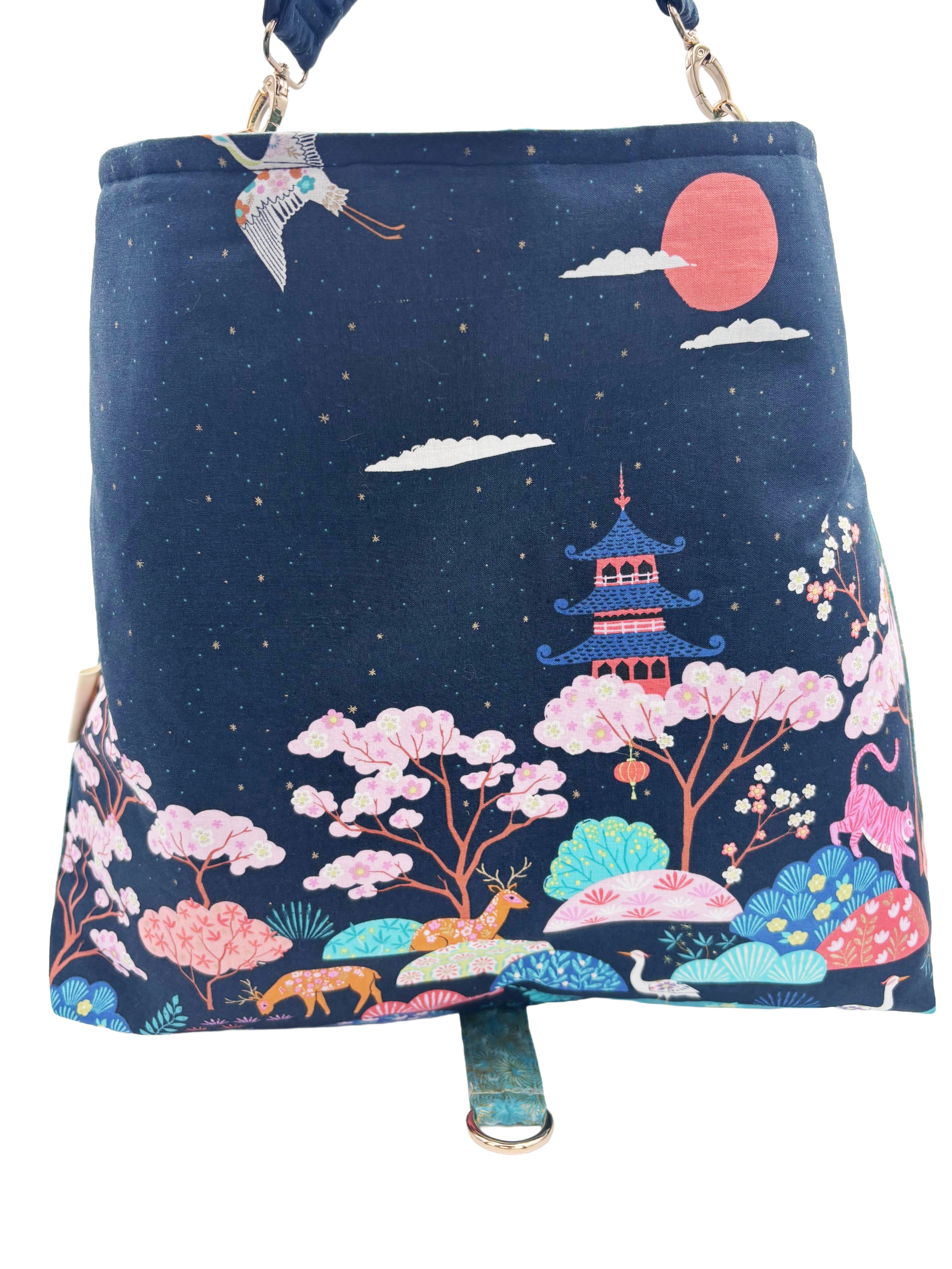 Eastern Inspired Travel Hobo Bag – navy red panda