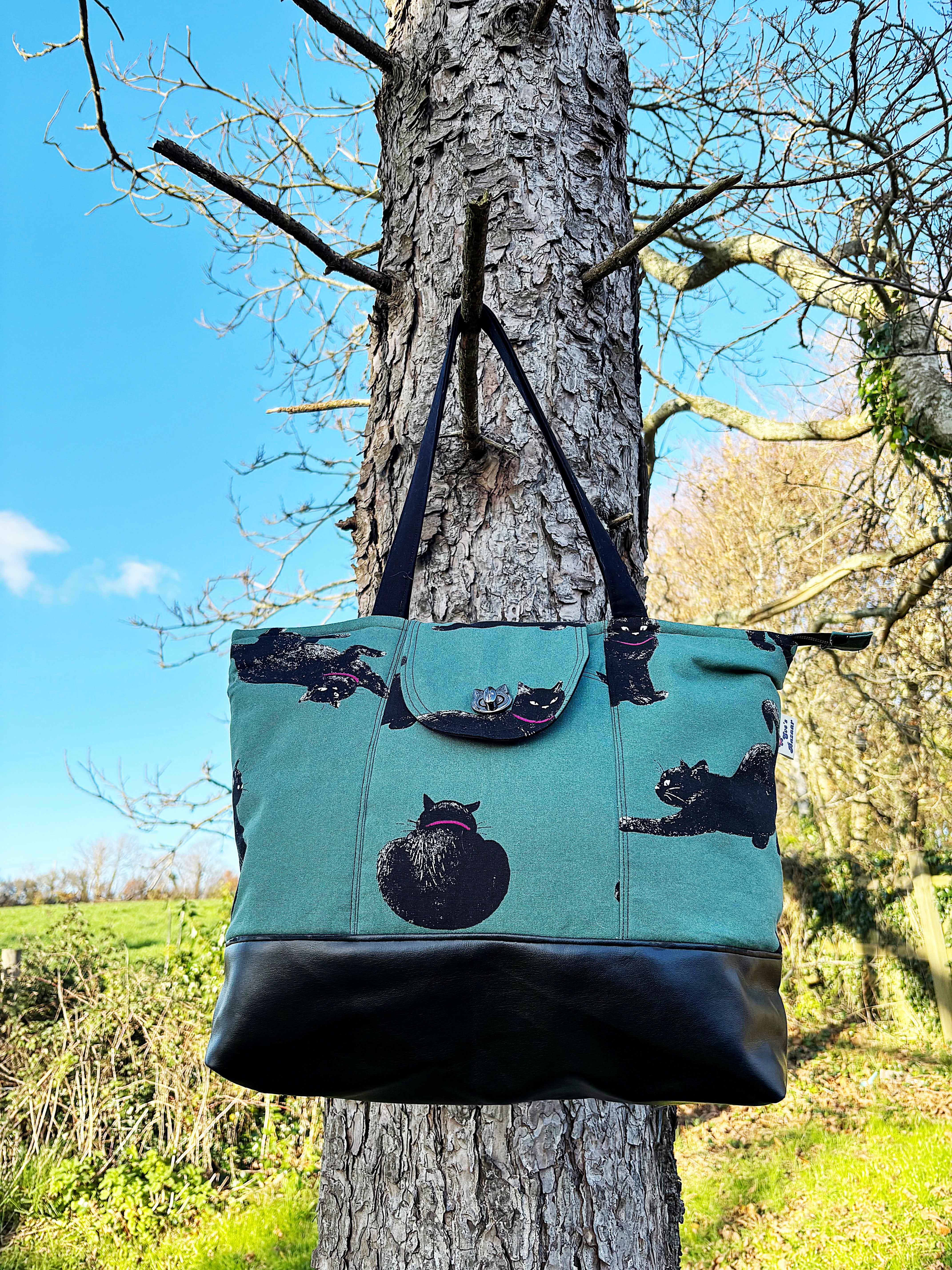 Handmade Cat Print Zip-Up • Large Tote with Pockets