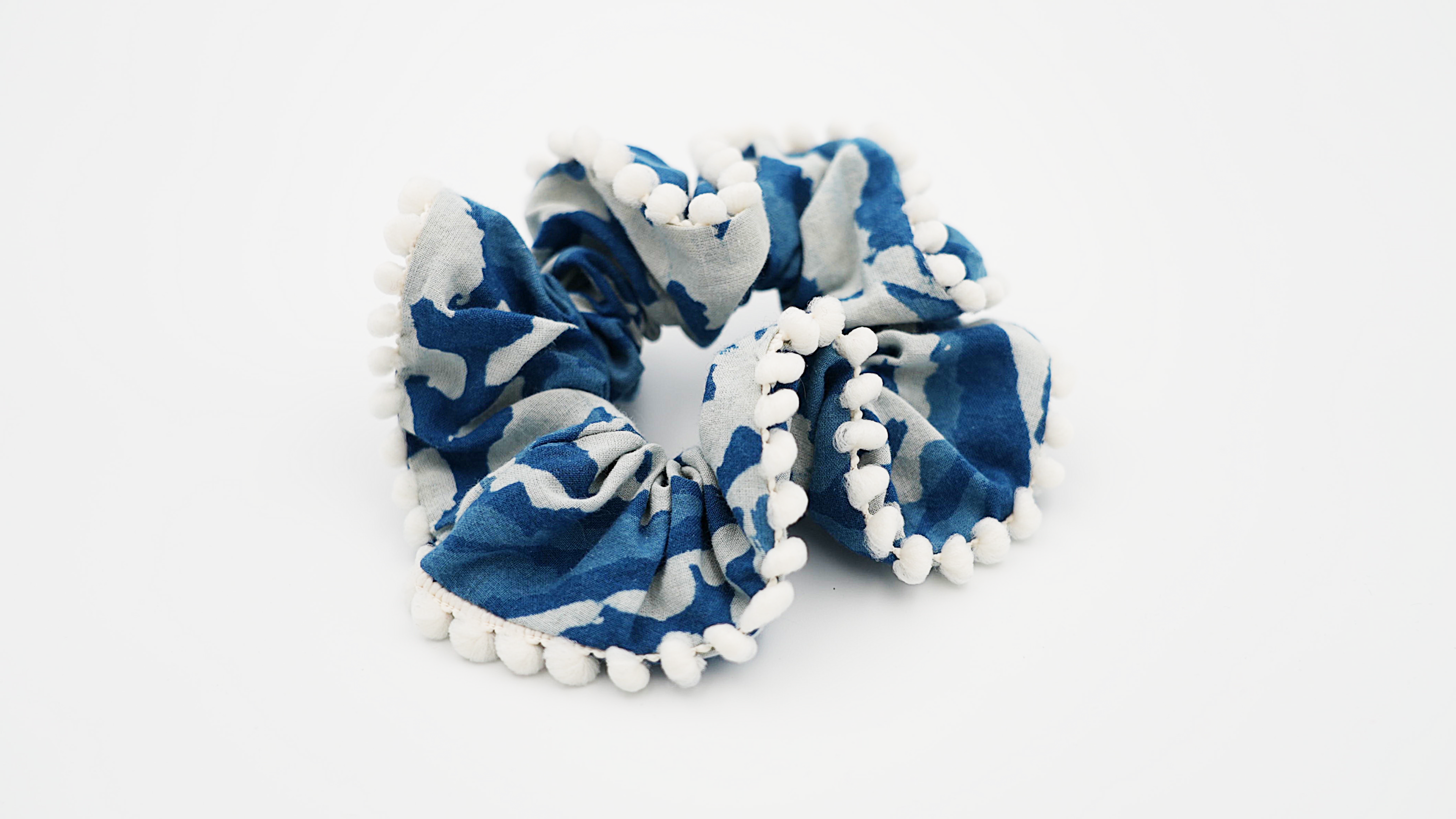 Paisley Indigo Hair Scrunchie with pompom trim