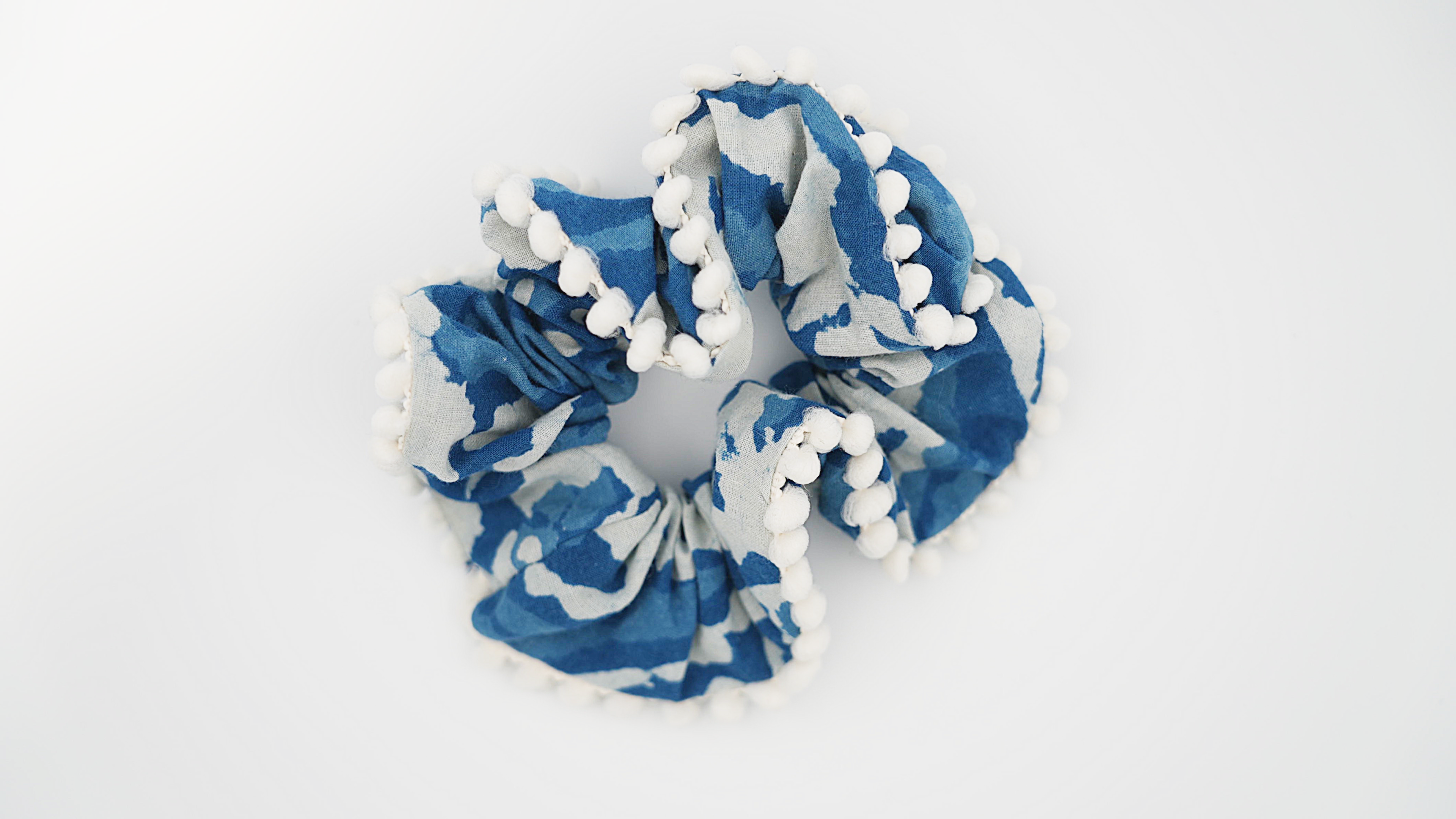 Paisley Indigo Hair Scrunchie with pompom trim