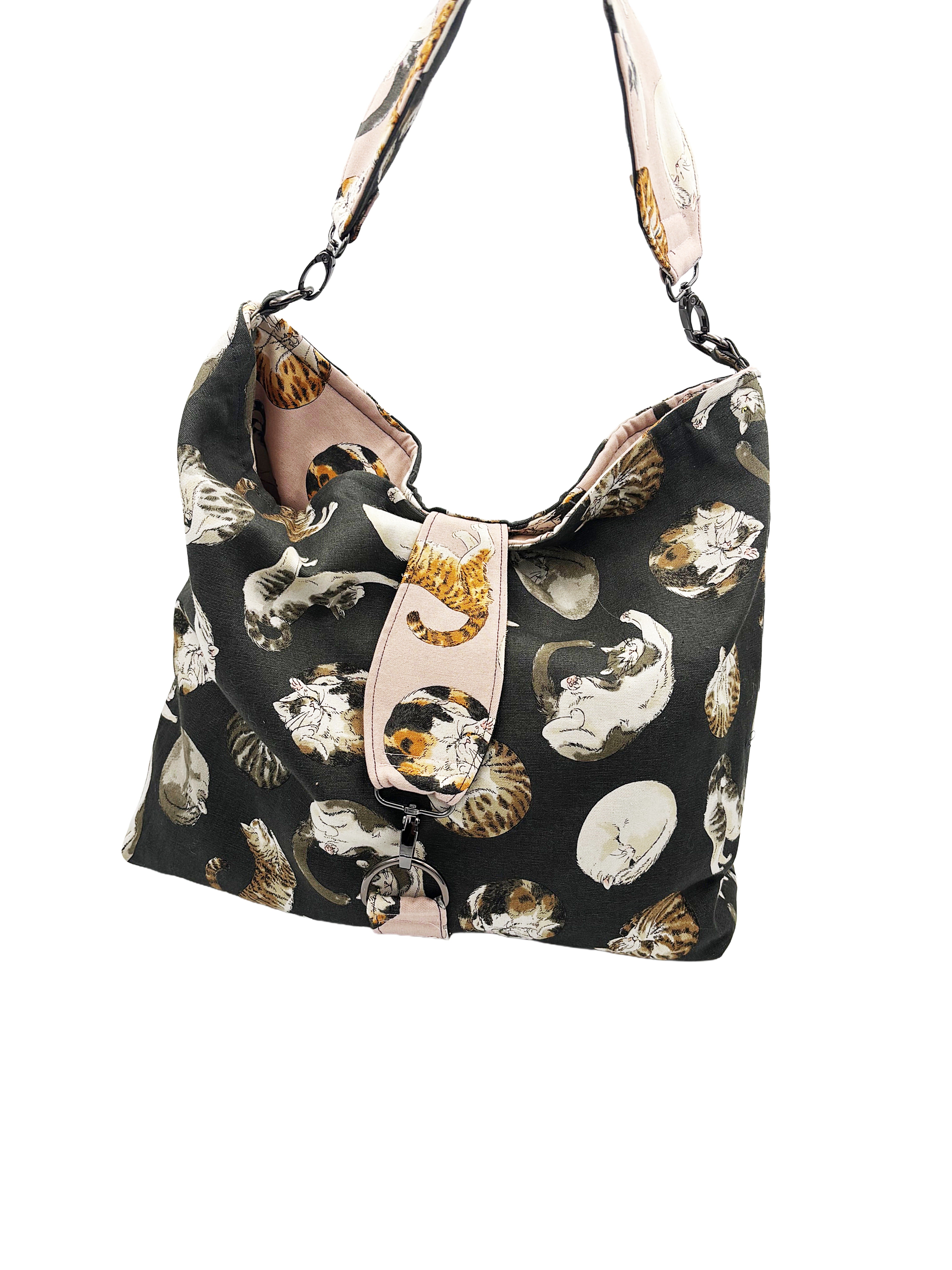 Handmade Reversible cat Bag | Slouchy Cotton Shoulder Bag