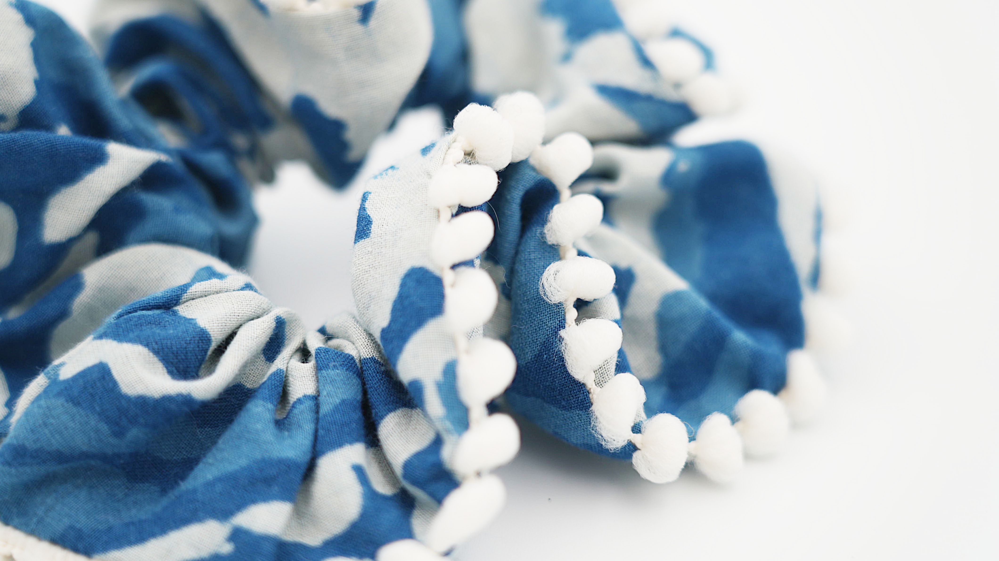 Paisley Indigo Hair Scrunchie with pompom trim