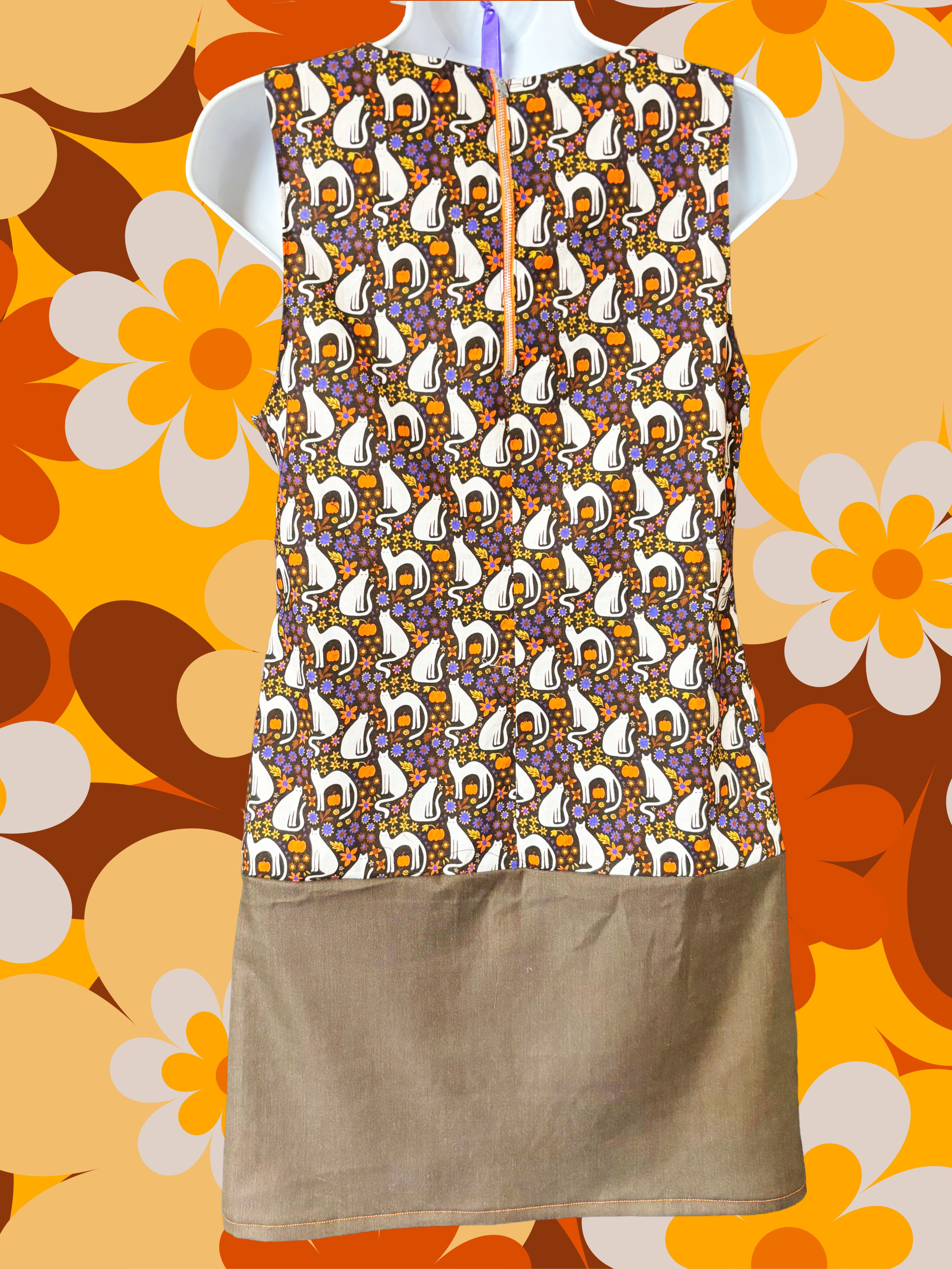 Retro Cat Print Shift Dress with Pockets