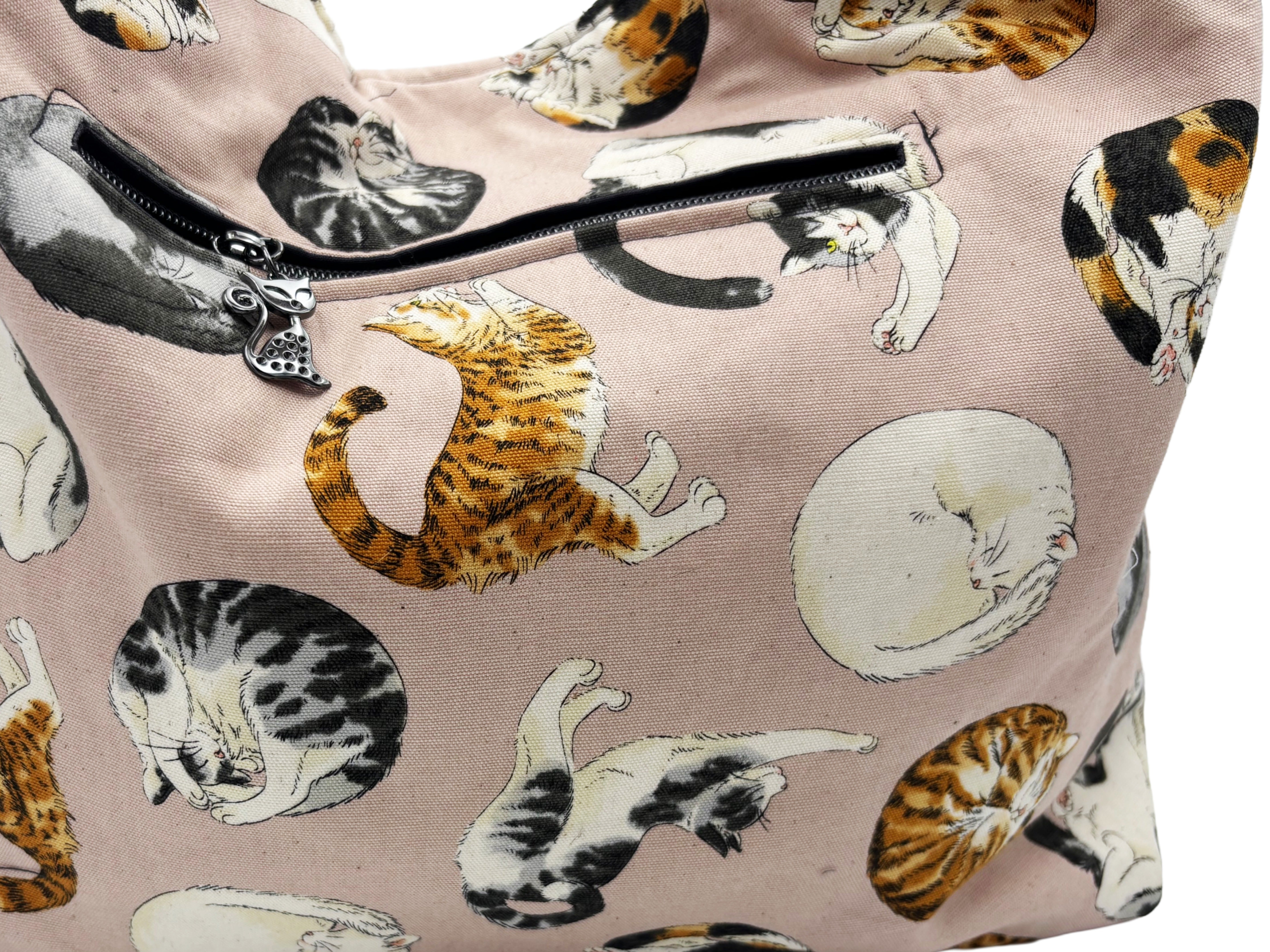 Handmade Reversible cat Bag | Slouchy Cotton Shoulder Bag