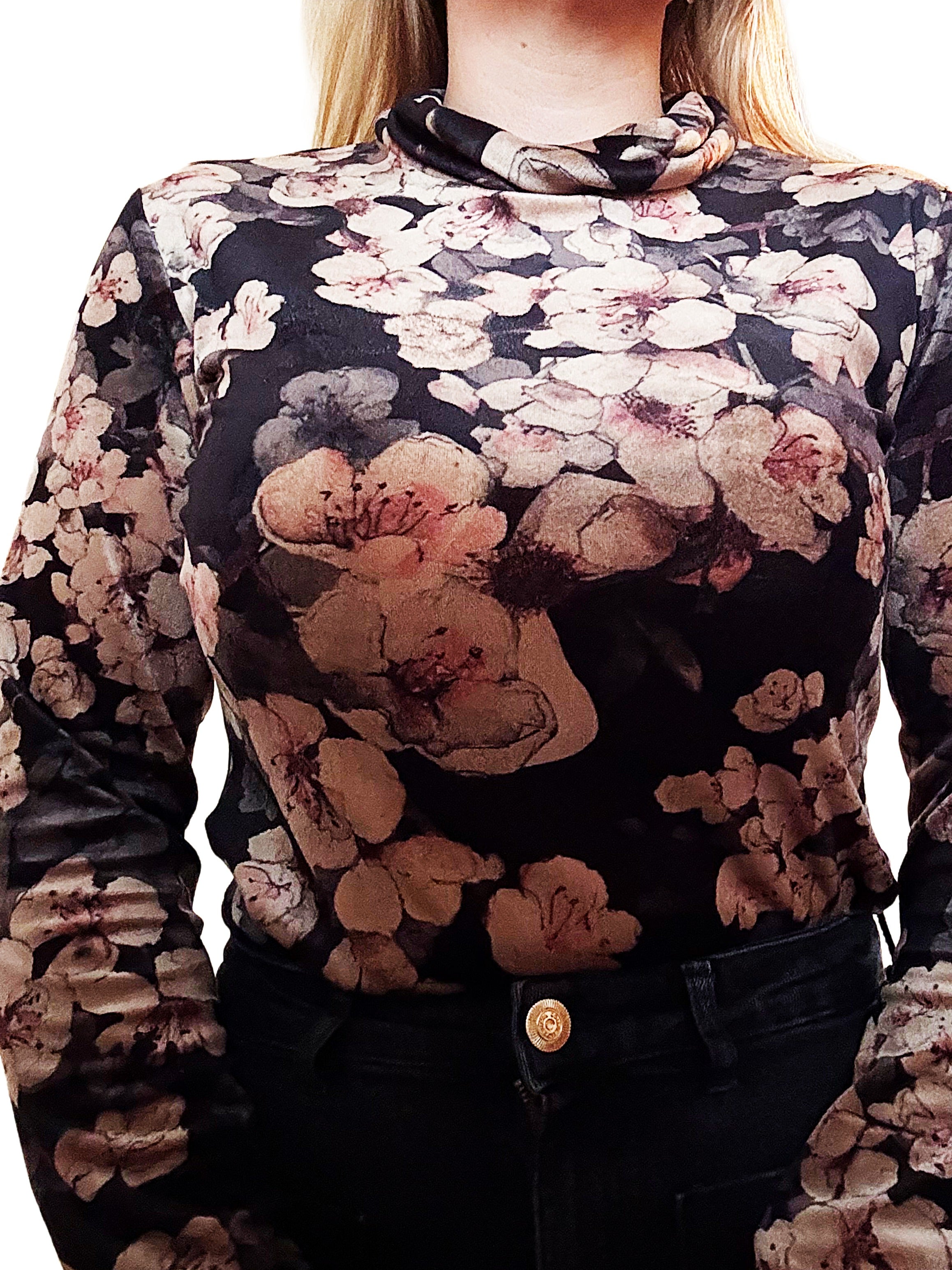 Cherry Blossom Velvet Roll Neck Top