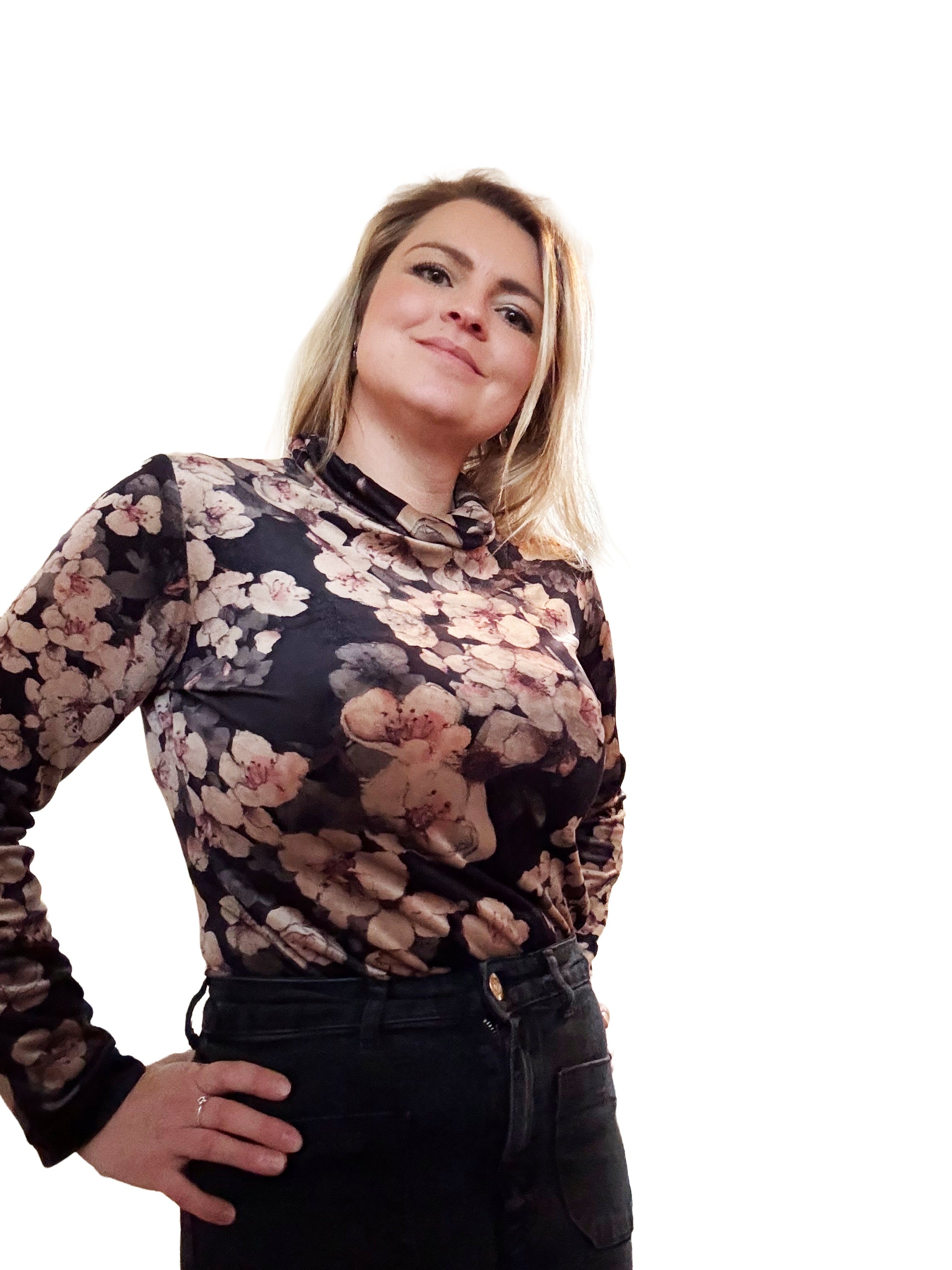 Cherry Blossom Velvet Roll Neck Top