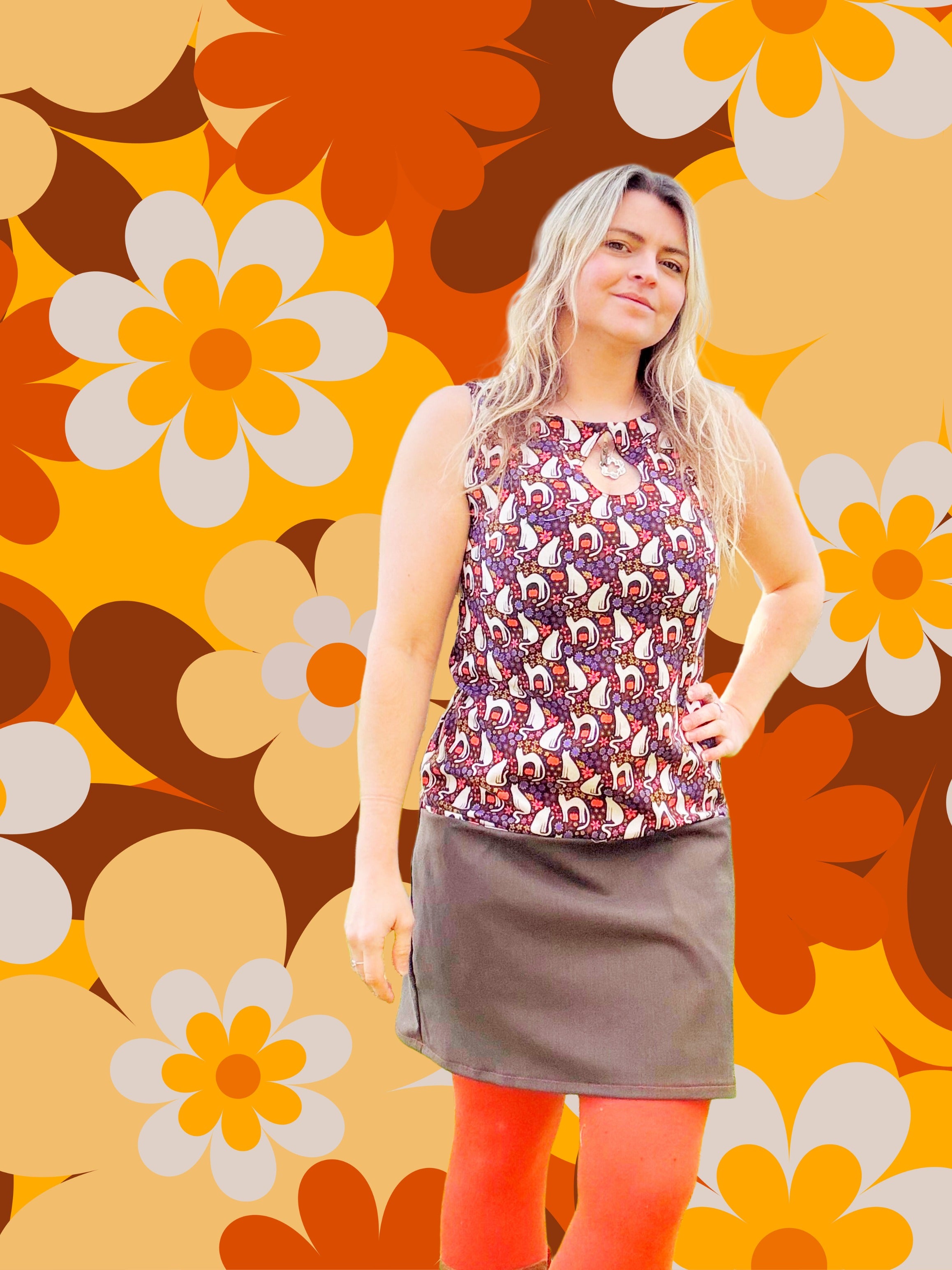 Retro Cat Print Shift Dress with Pockets