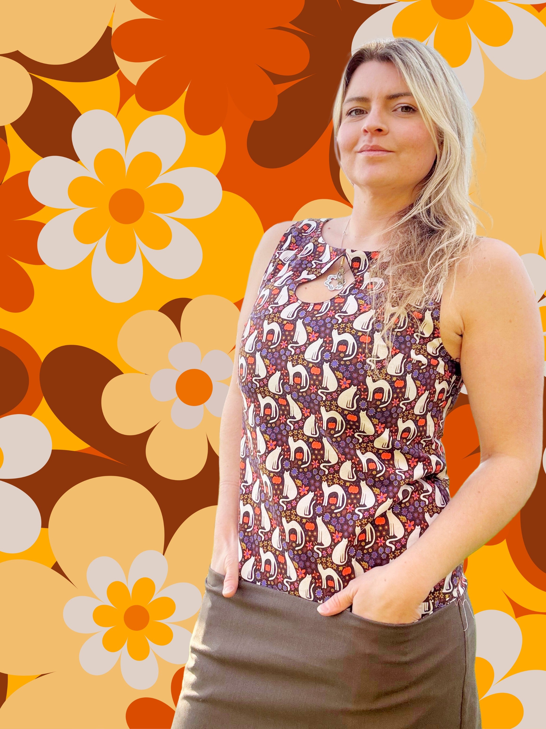 Retro Cat Print Shift Dress with Pockets