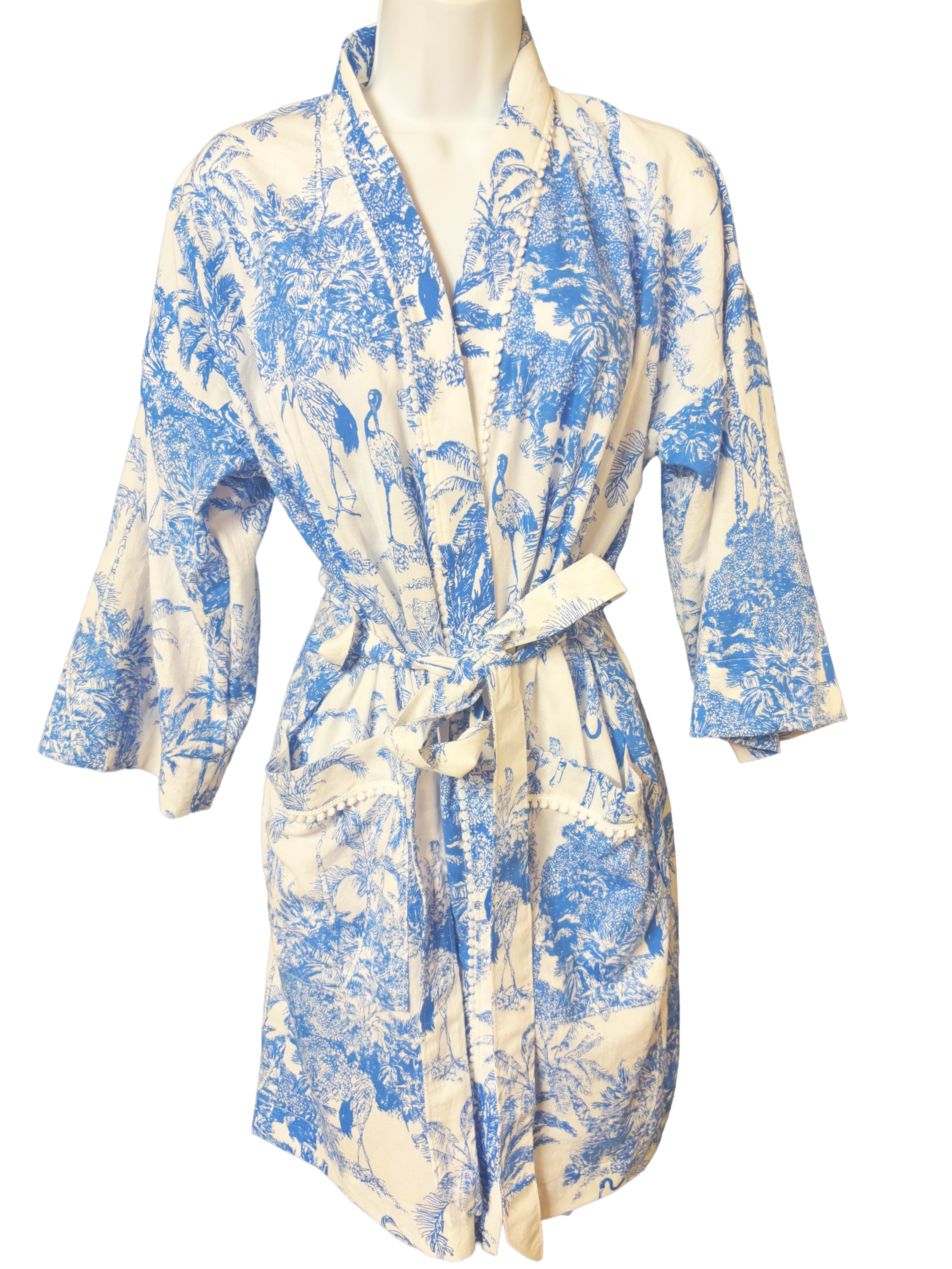 Cotton Dressing Gown | Blue & White Jungle Print