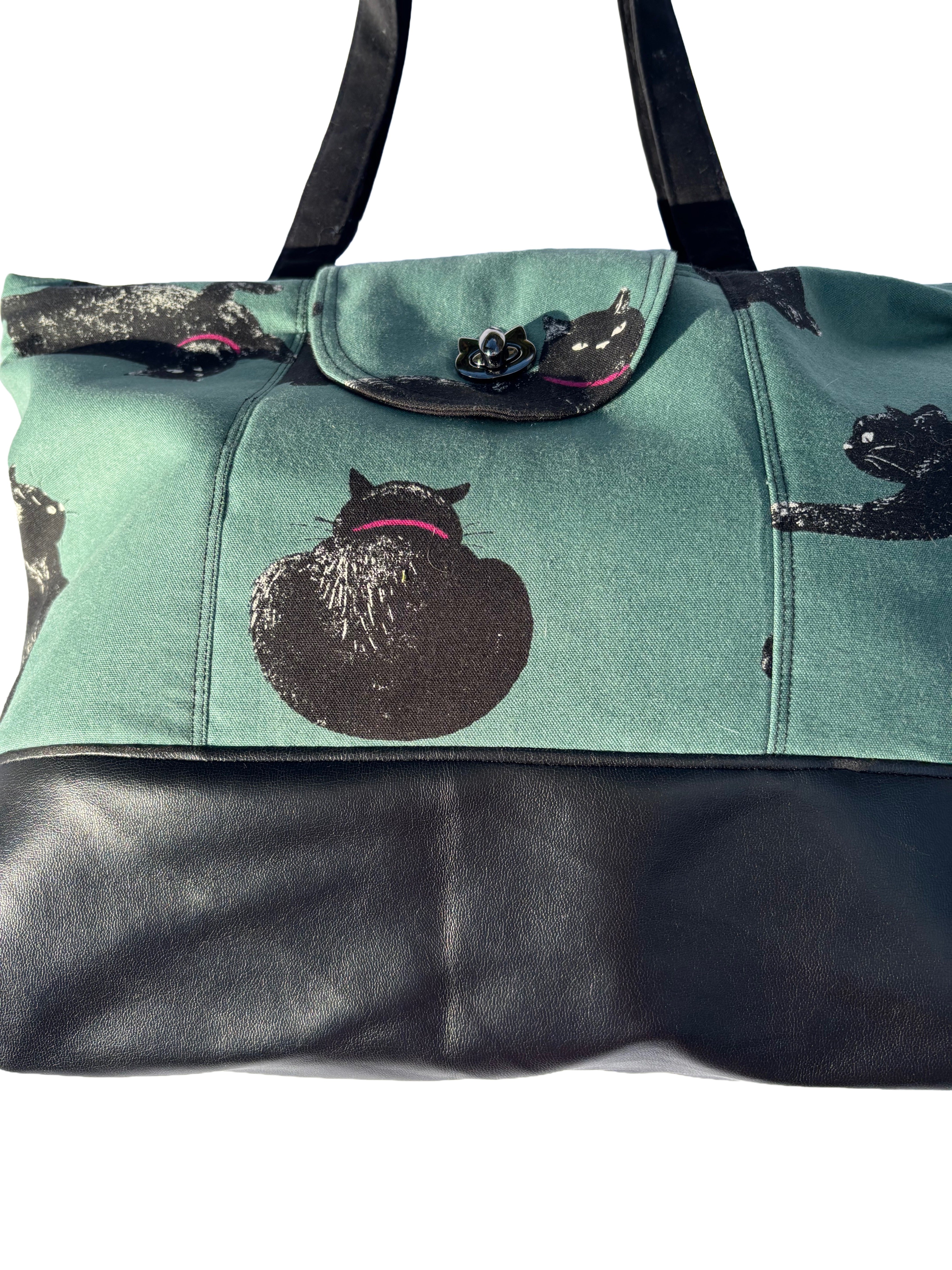 Handmade Cat Print Zip-Up • Large Tote with Pockets