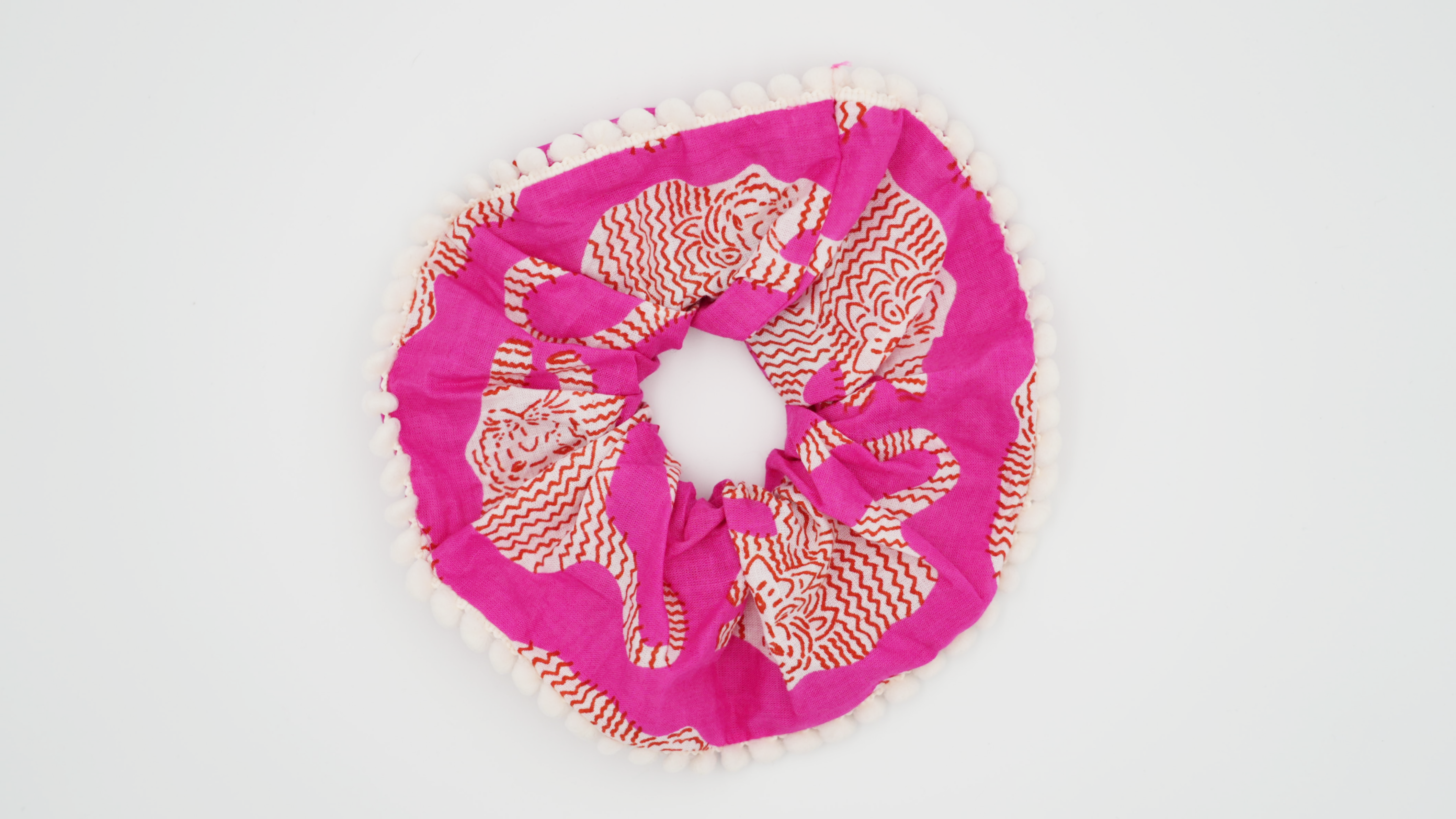 Hot Pink Tiger Scrunchie  with Pom Pom Trim