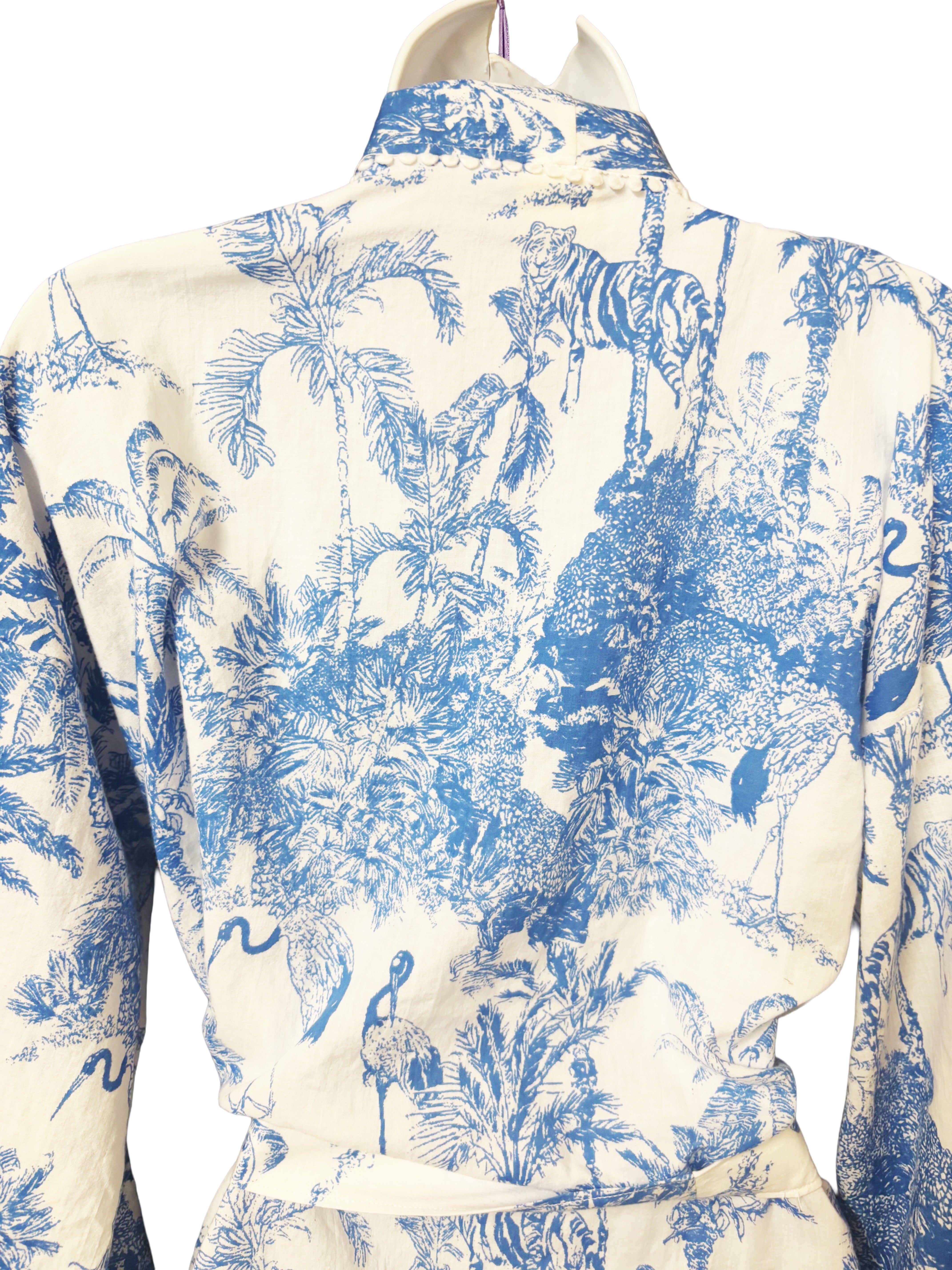 Cotton Dressing Gown | Blue & White Jungle Print