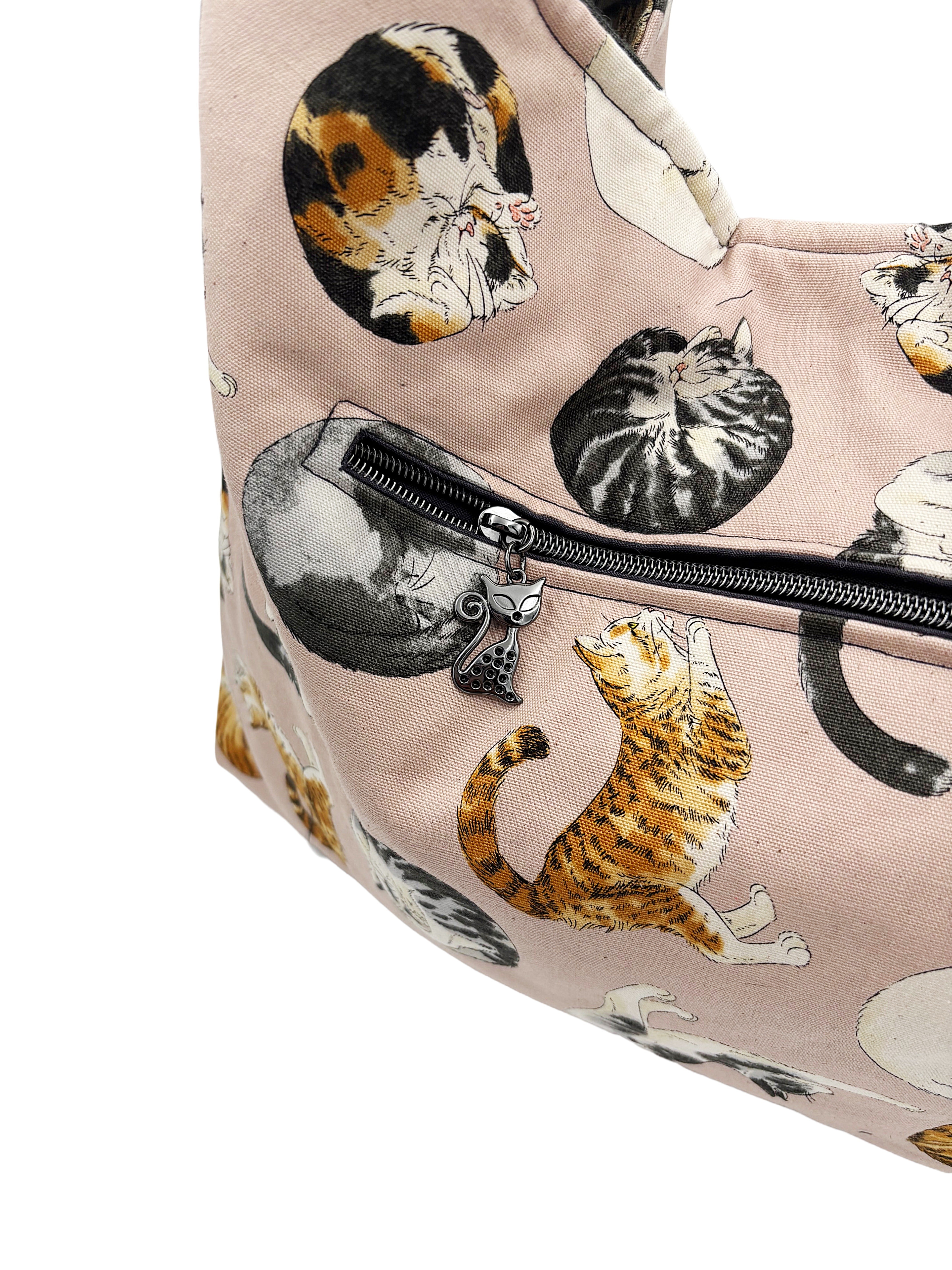 Handmade Reversible cat Bag | Slouchy Cotton Shoulder Bag