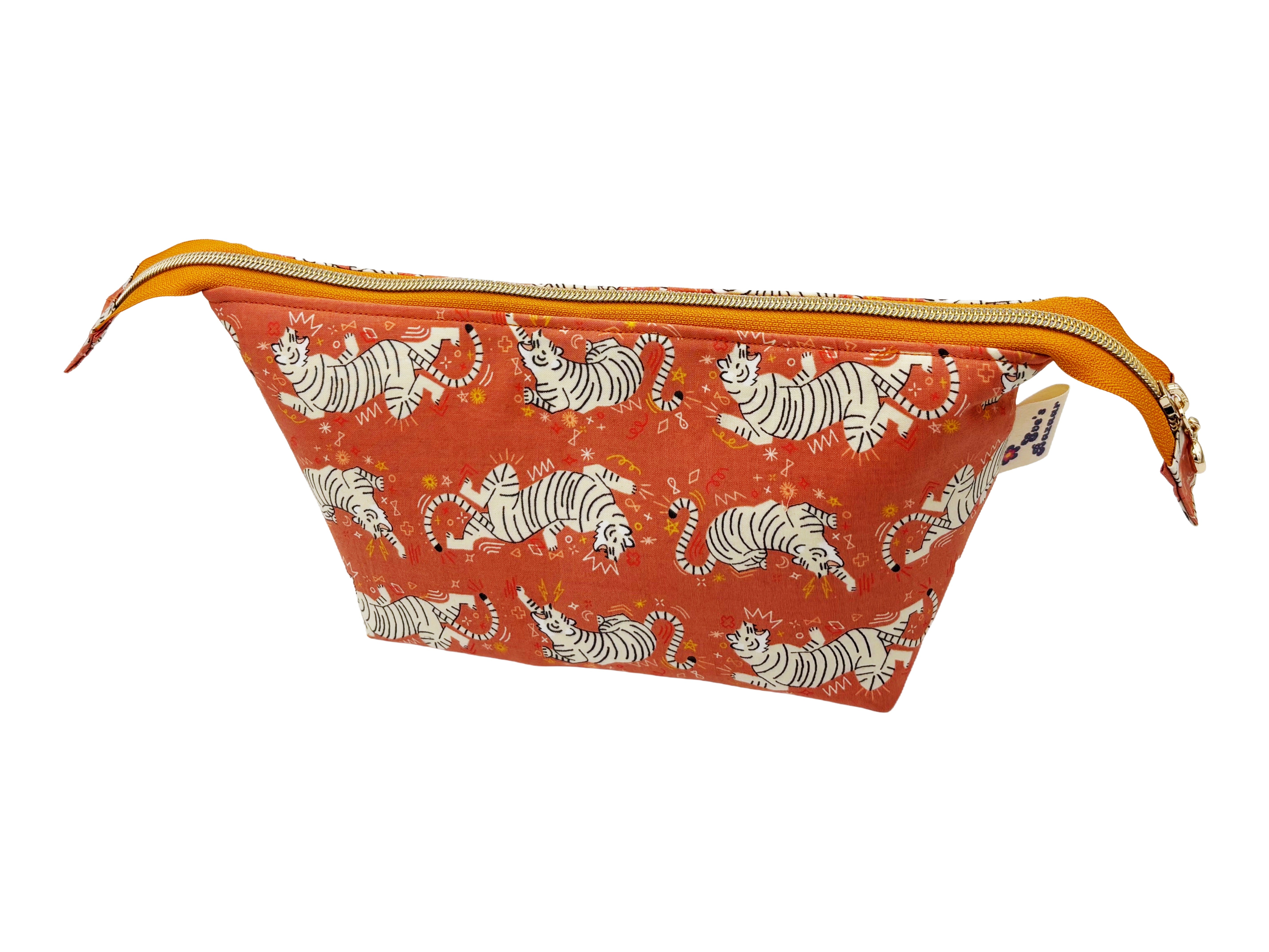 Small Tiger Wash Bag Handmade in Cornwall | Cotton Cosmetic Bag | Travel Toiletry Pouch