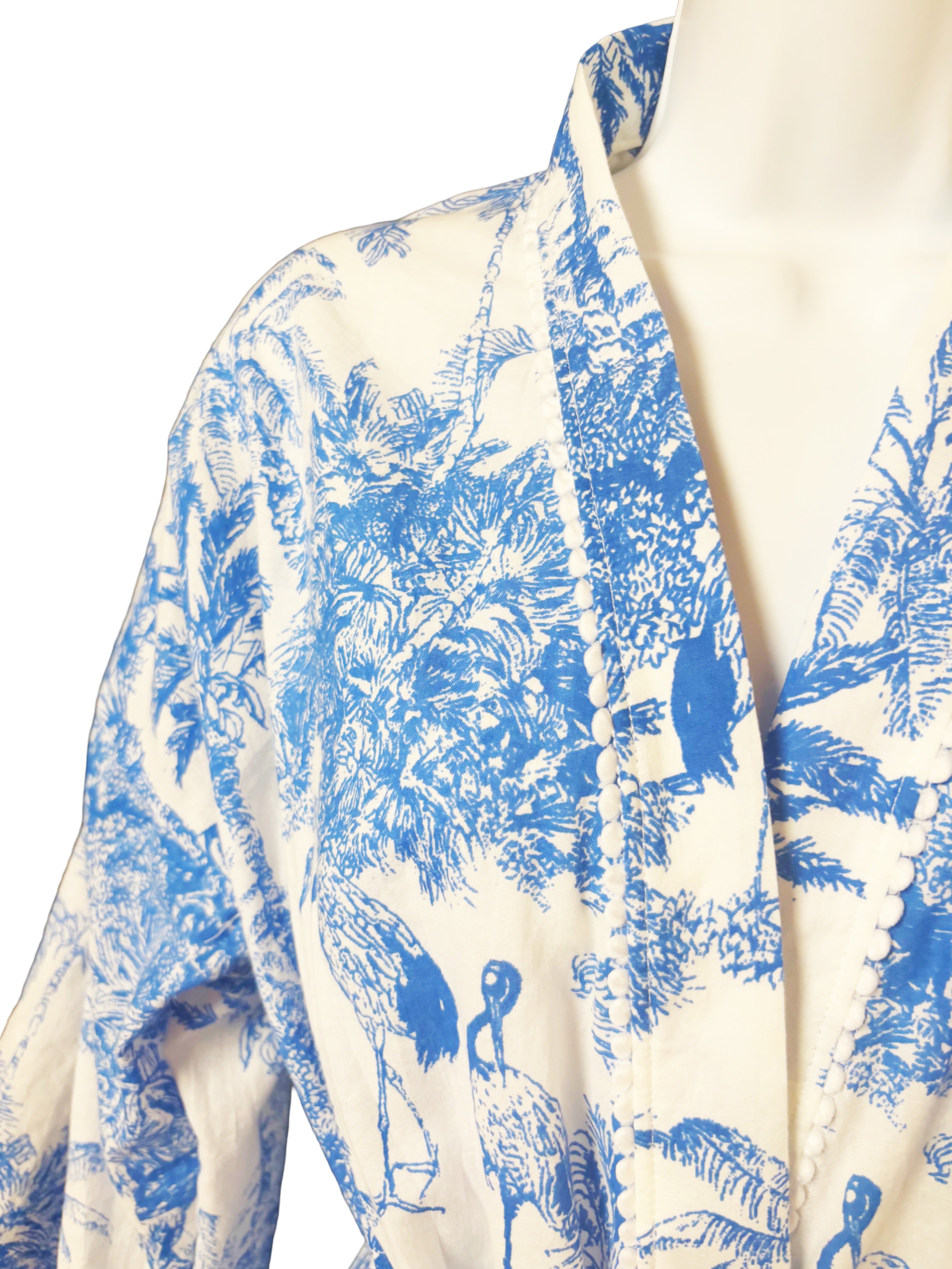 Cotton Dressing Gown | Blue & White Jungle Print