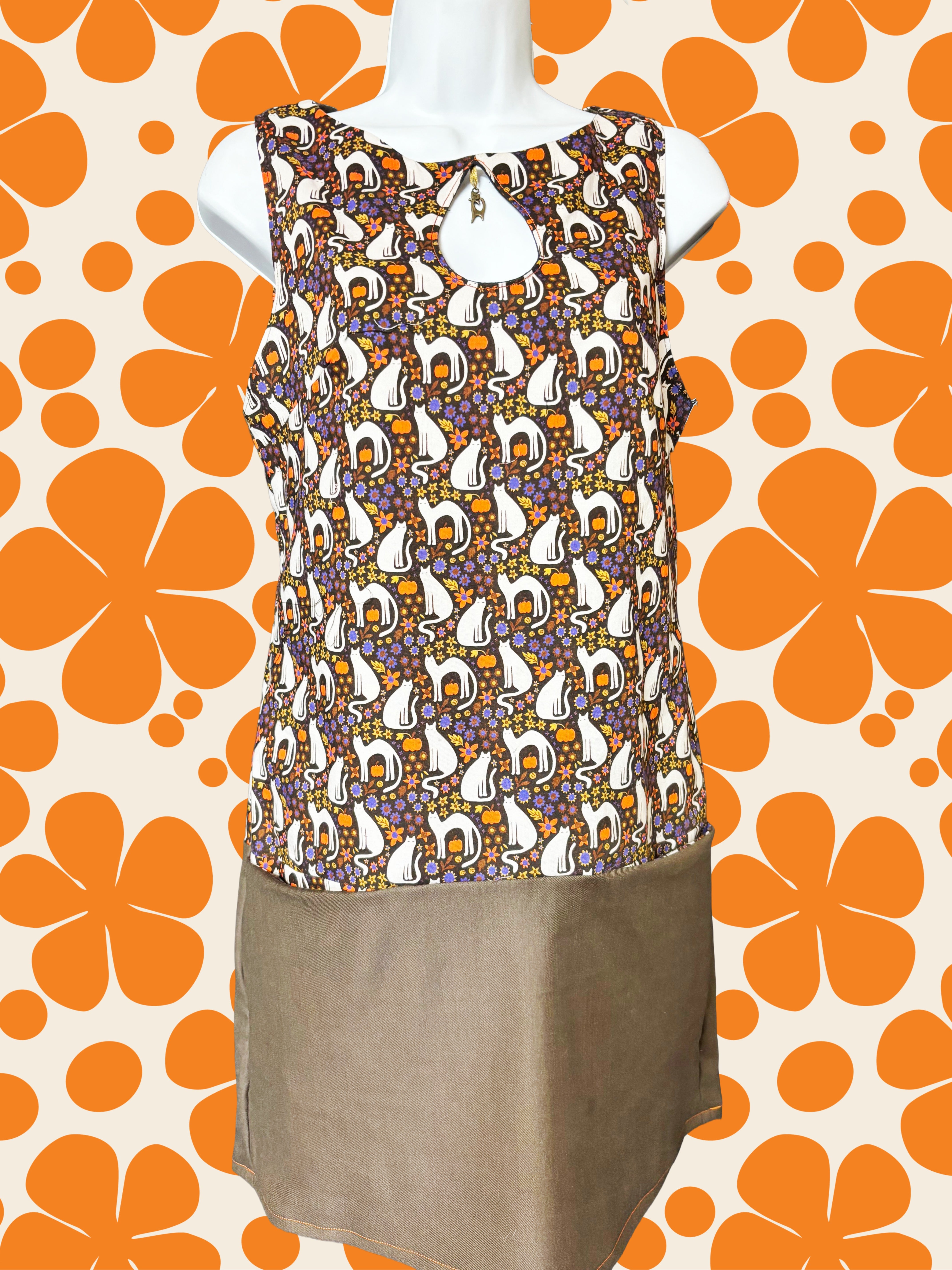 Retro Cat Print Shift Dress with Pockets